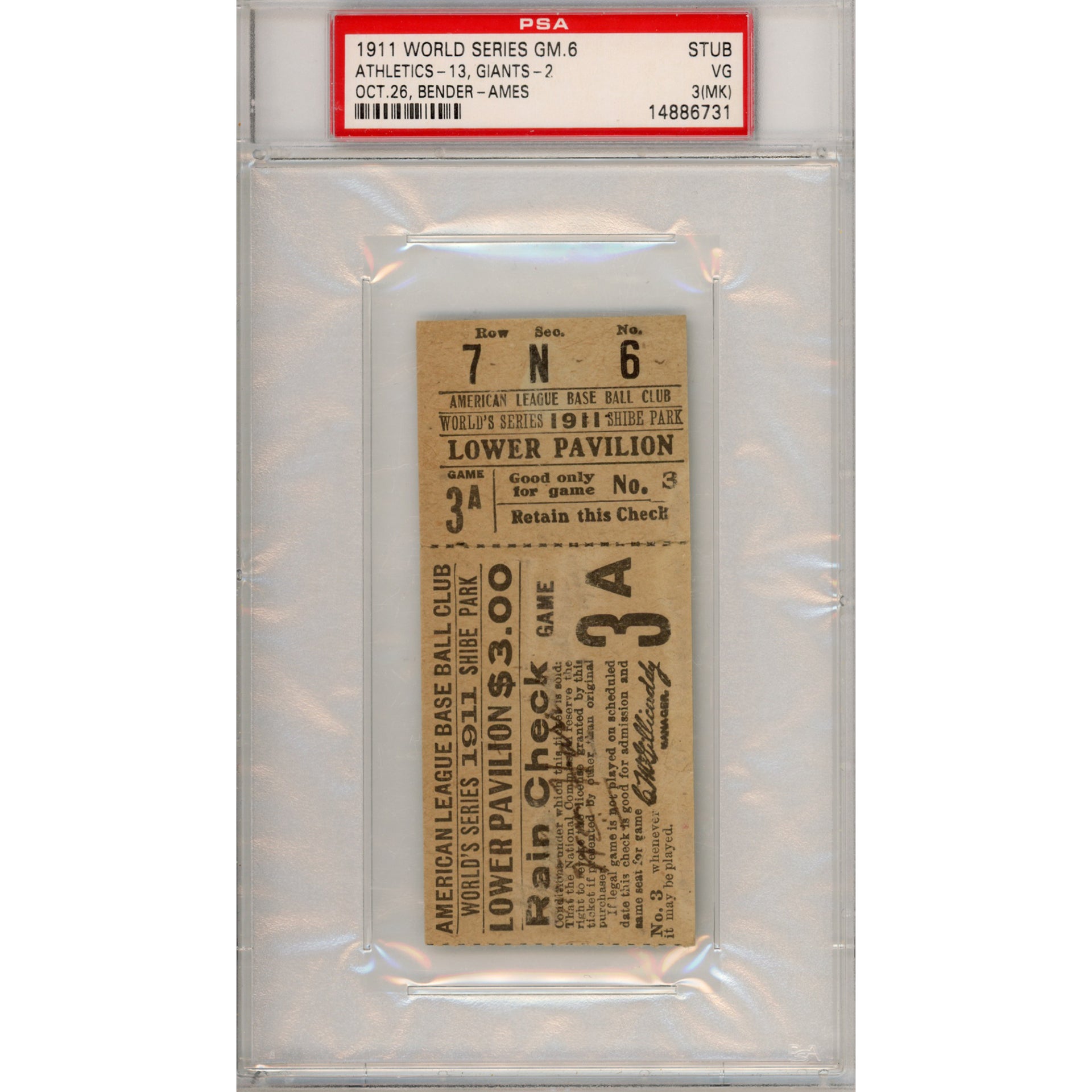 1911 World Series Game 6 Ticket Stub VG 3 (MK) (PSA/DNA)