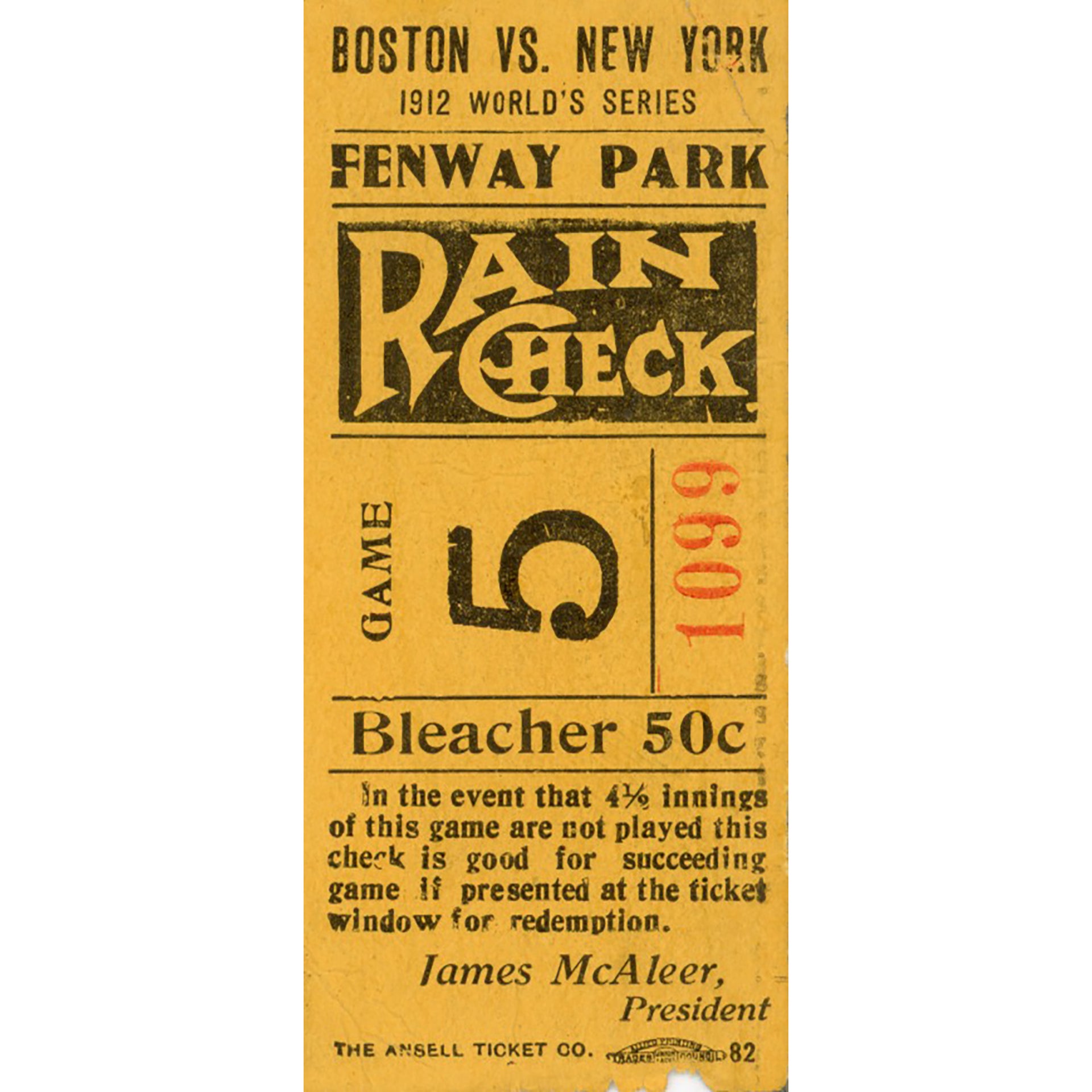 1912 World Series Game 5 Ticket Stub - PR/Authentic