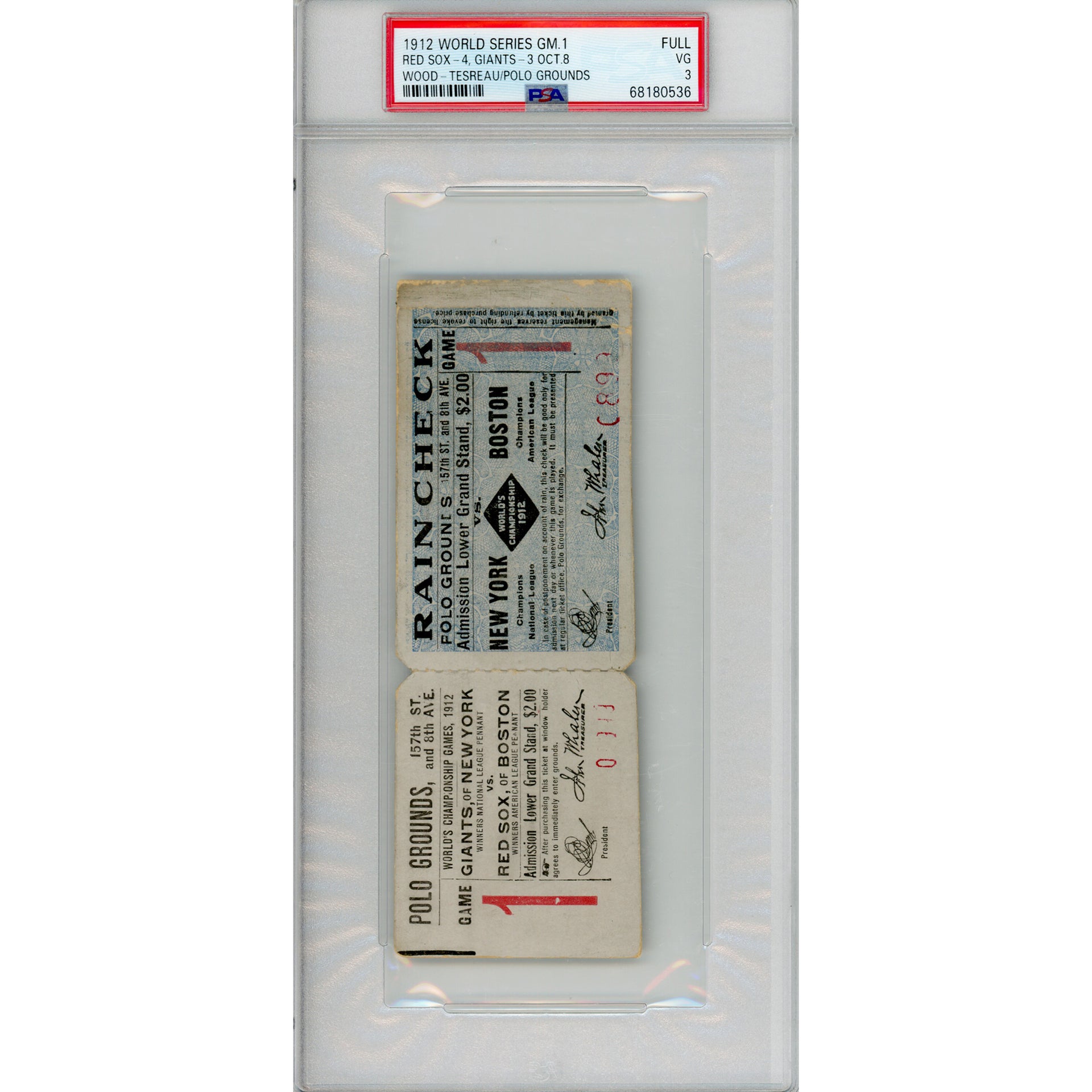 1912 World Series Game 1 Full Ticket VG3 (PSA/DNA)
