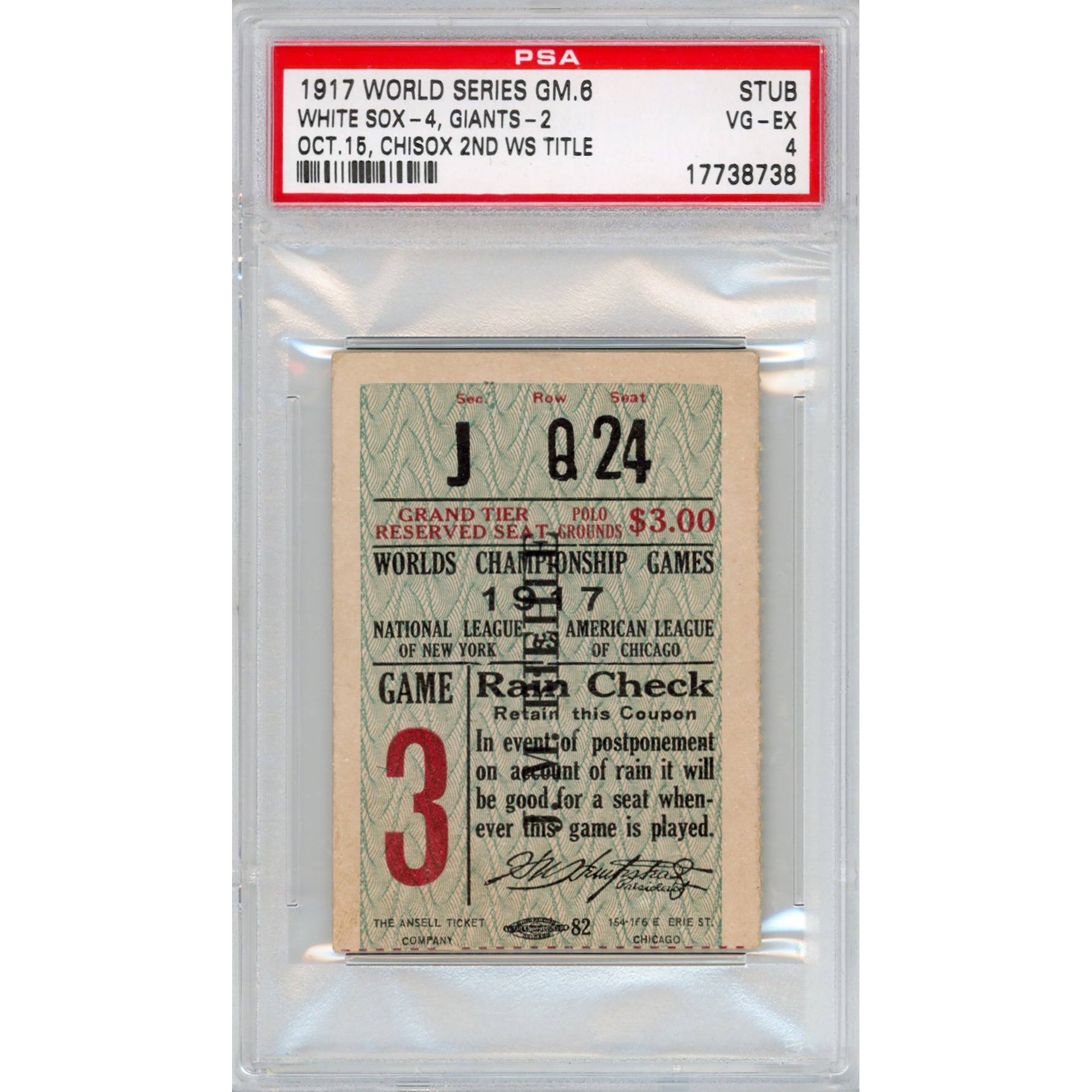 1917 World Series Game 6 Ticket Stub VG-EX 4 (PSA/DNA)