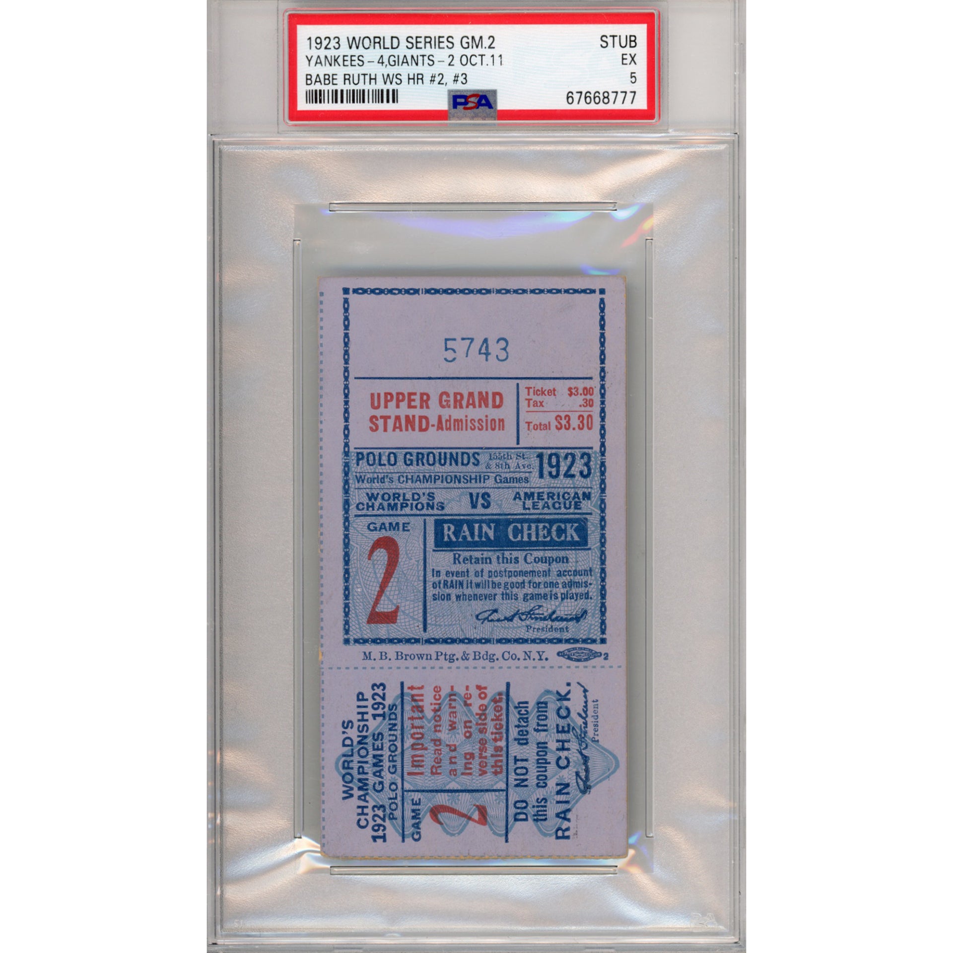 1923 World Series Game 2 Ticket Stub EX 5 (PSA/DNA)