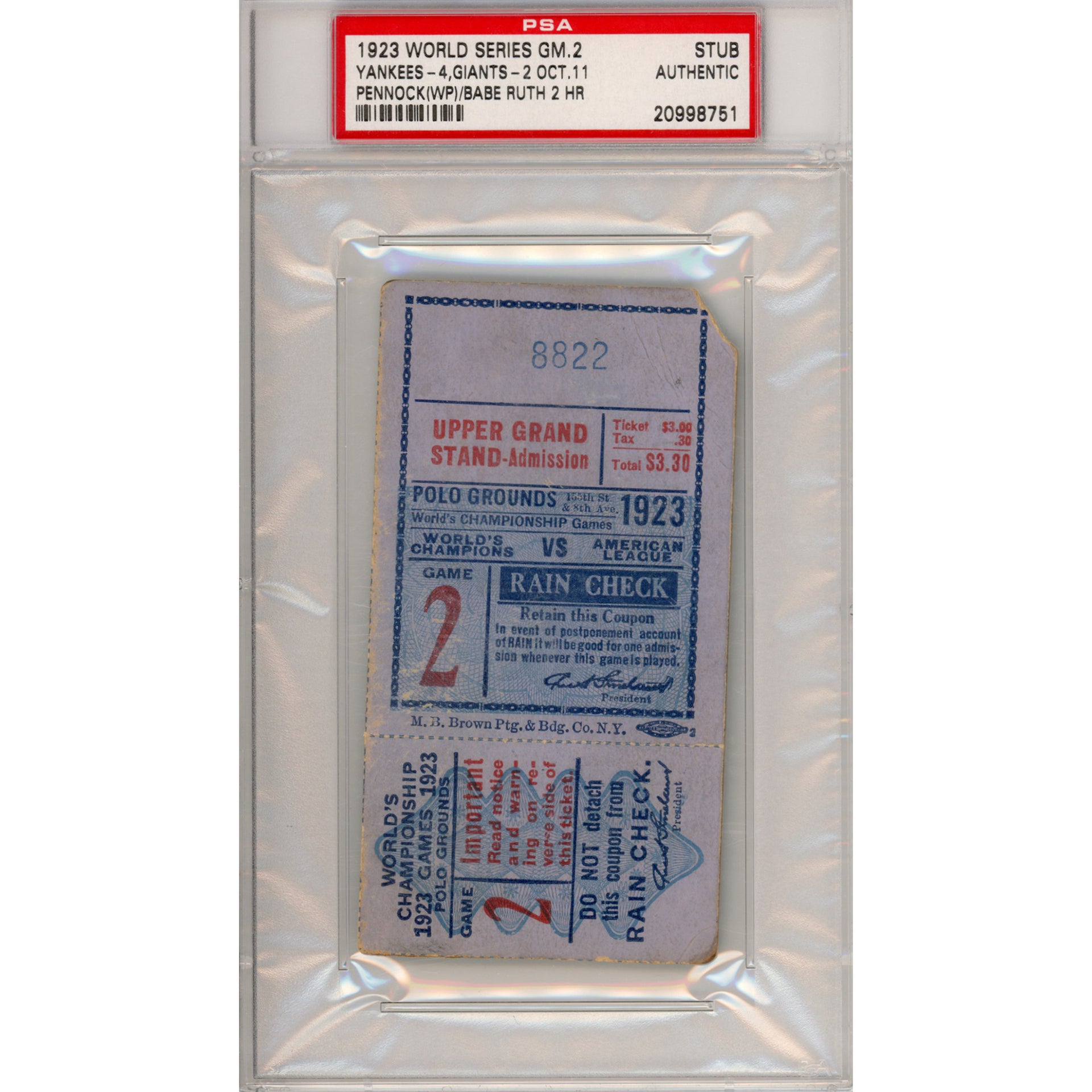 1923 World Series Game 2 Ticket Stub Authentic (PSA/DNA)