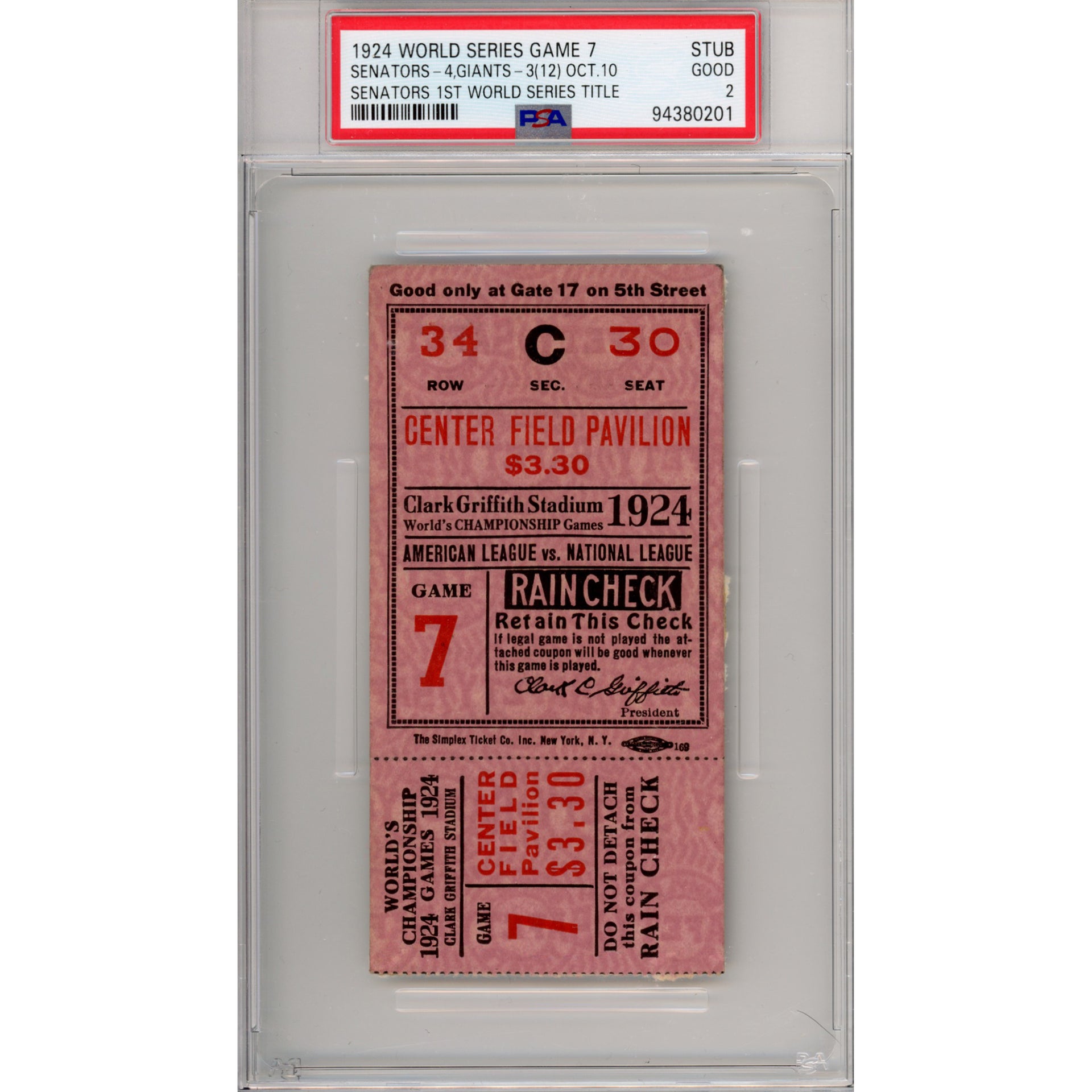 1924 World Series Game 7 Ticket Stub Good 2 (PSA/DNA)