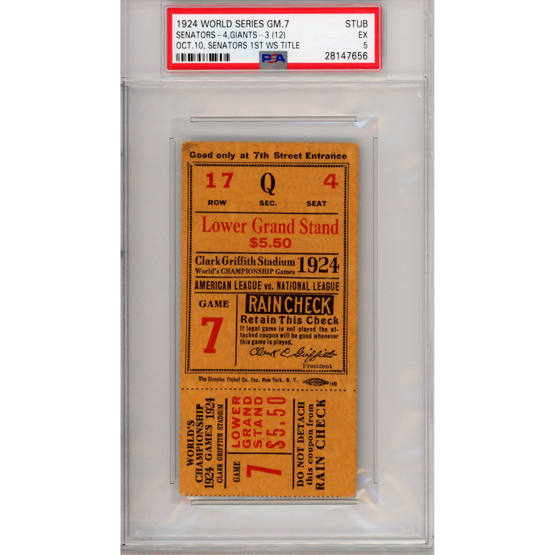 1924 World Series Game 7 Ticket Stub EX 5 (PSA/DNA)