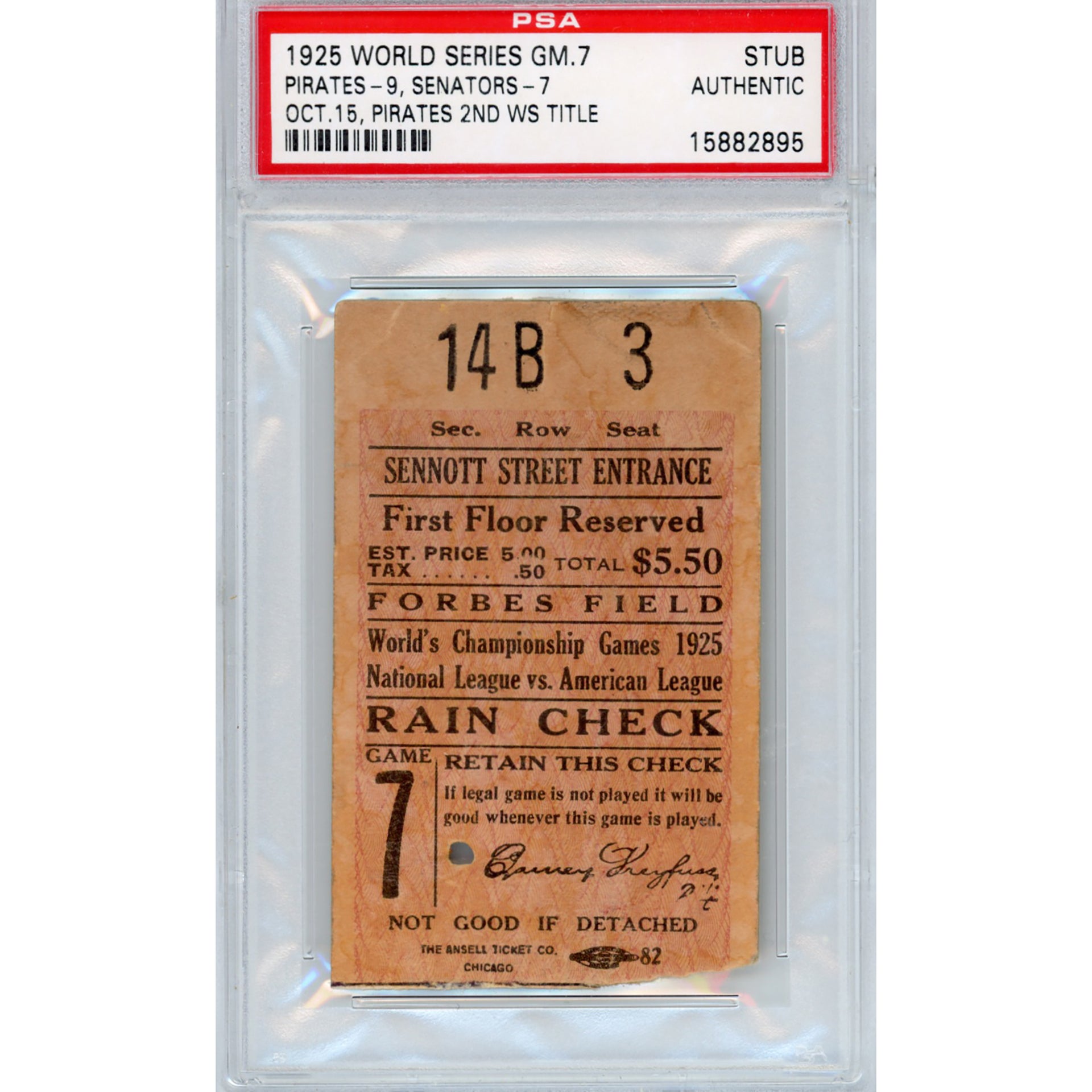 1925 World Series Game 7 Ticket Stub Authentic (PSA/DNA)