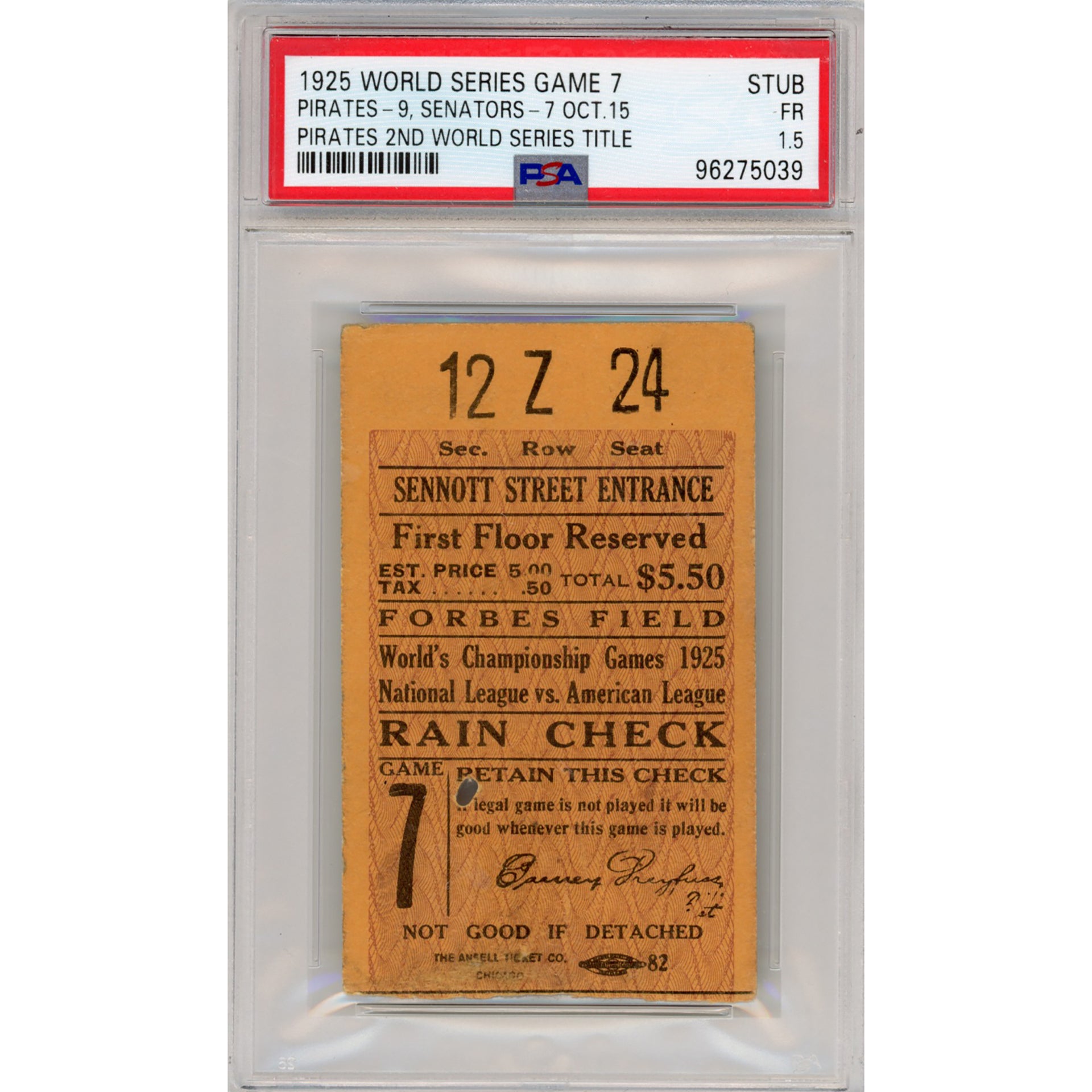 1925 World Series Game 7 Ticket Stub FR 1.5 (PSA/DNA)