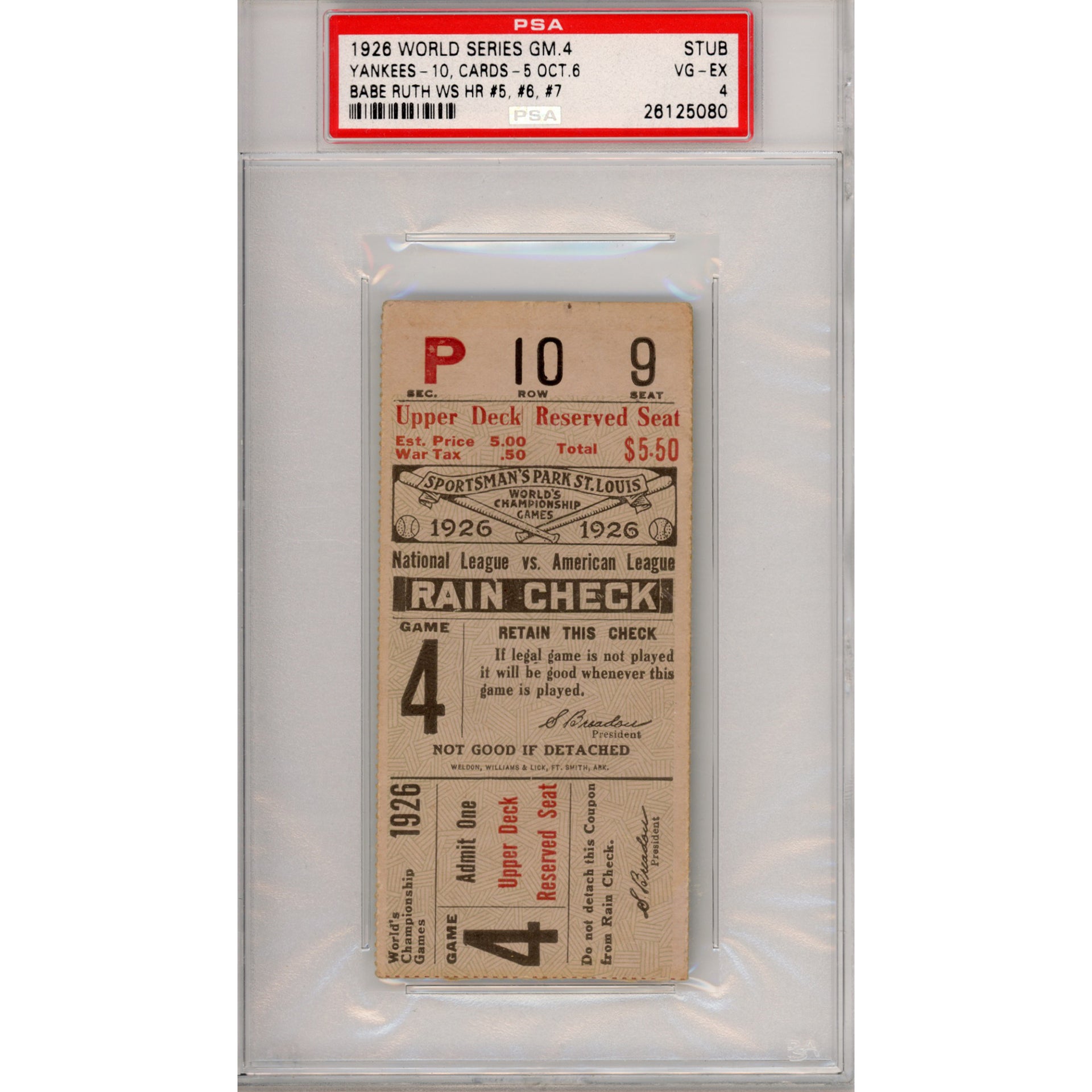 1926 World Series Game 7 Ticket Stub VG-EX 4 (PSA/DNA)