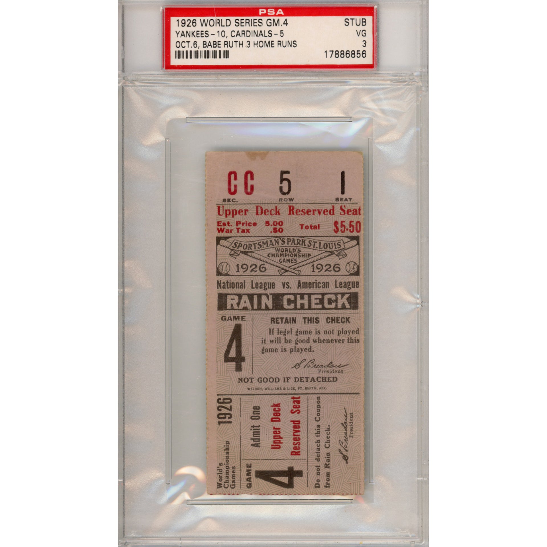 1926 World Series Game 4 Ticket Stub VG 3 (PSA/DNA)