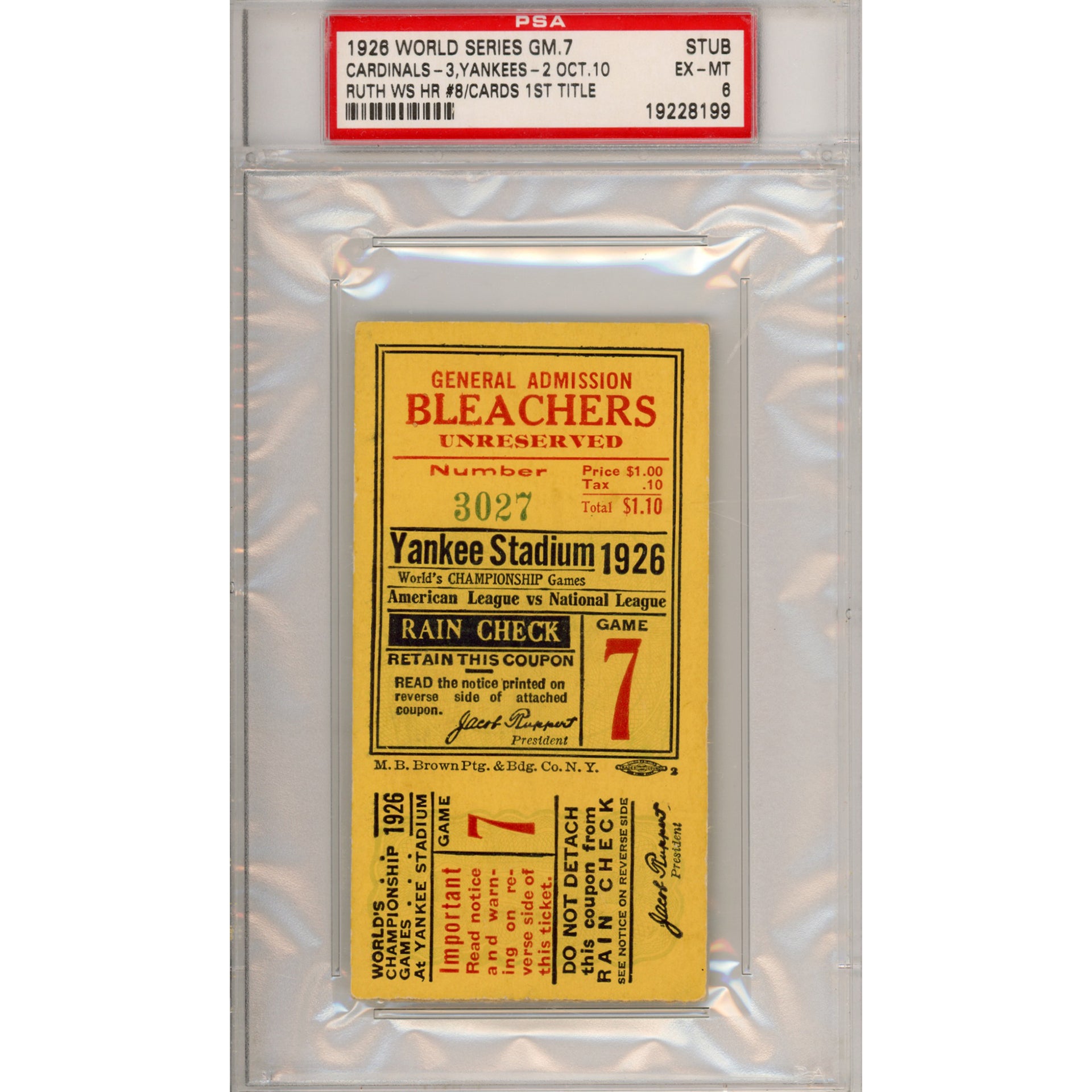 1926 World Series Game 7 Ticket Stub EX-MT 6 (PSA/DNA)