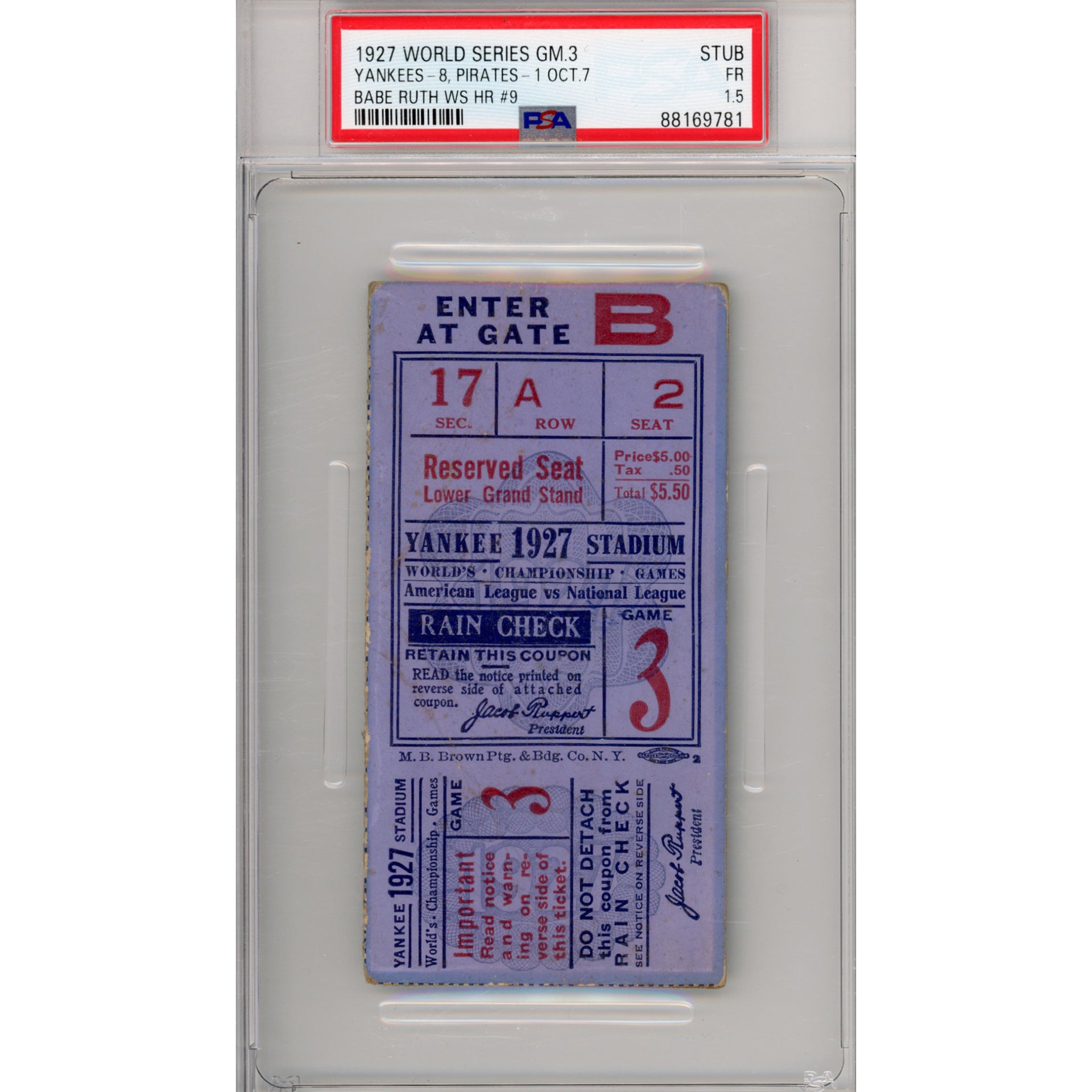 1927 World Series Game 3 Ticket Stub FR 1.5 (PSA/DNA - 88169781)