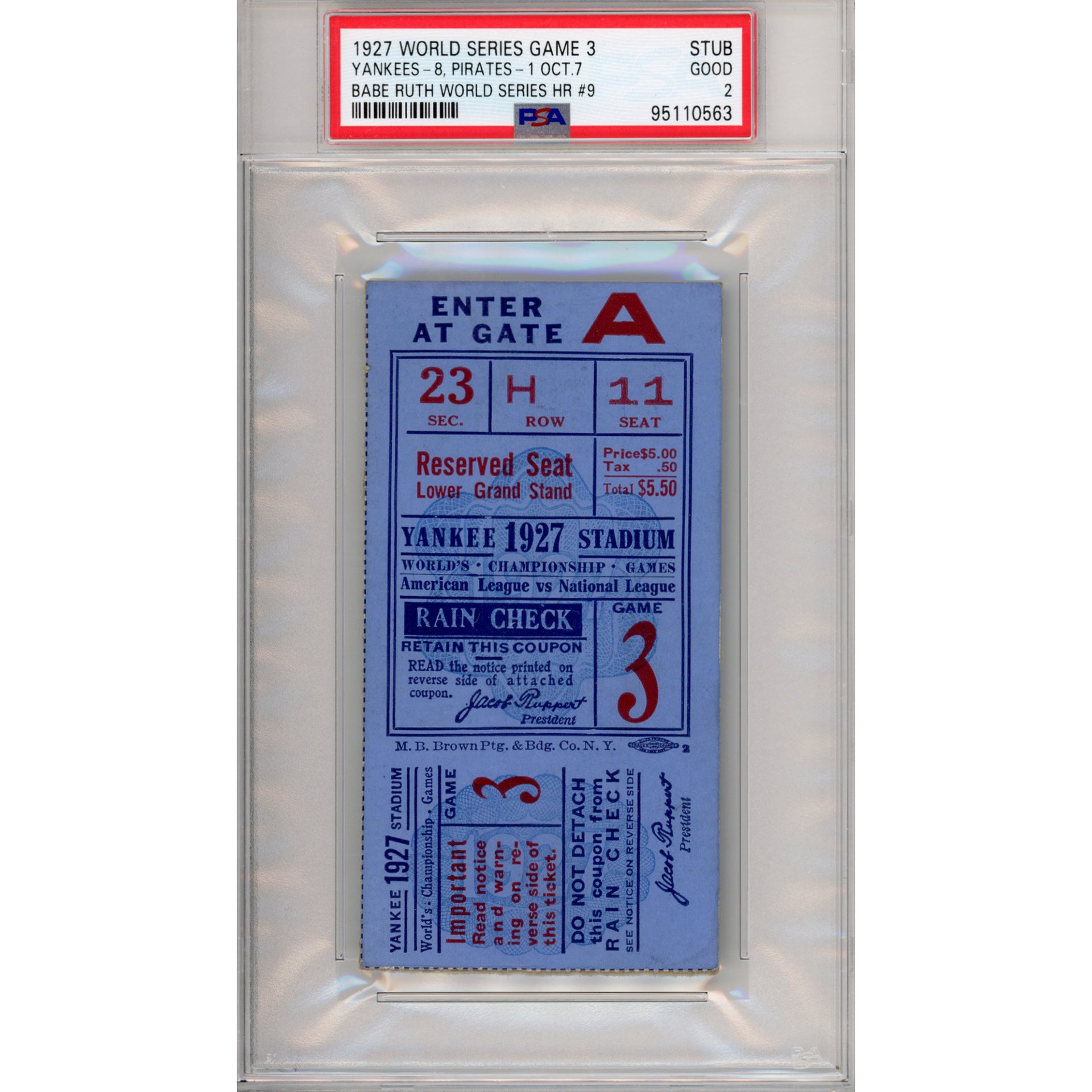 1927 World Series Game 3 Ticket Stub Good 2 (PSA/DNA - 95110563)