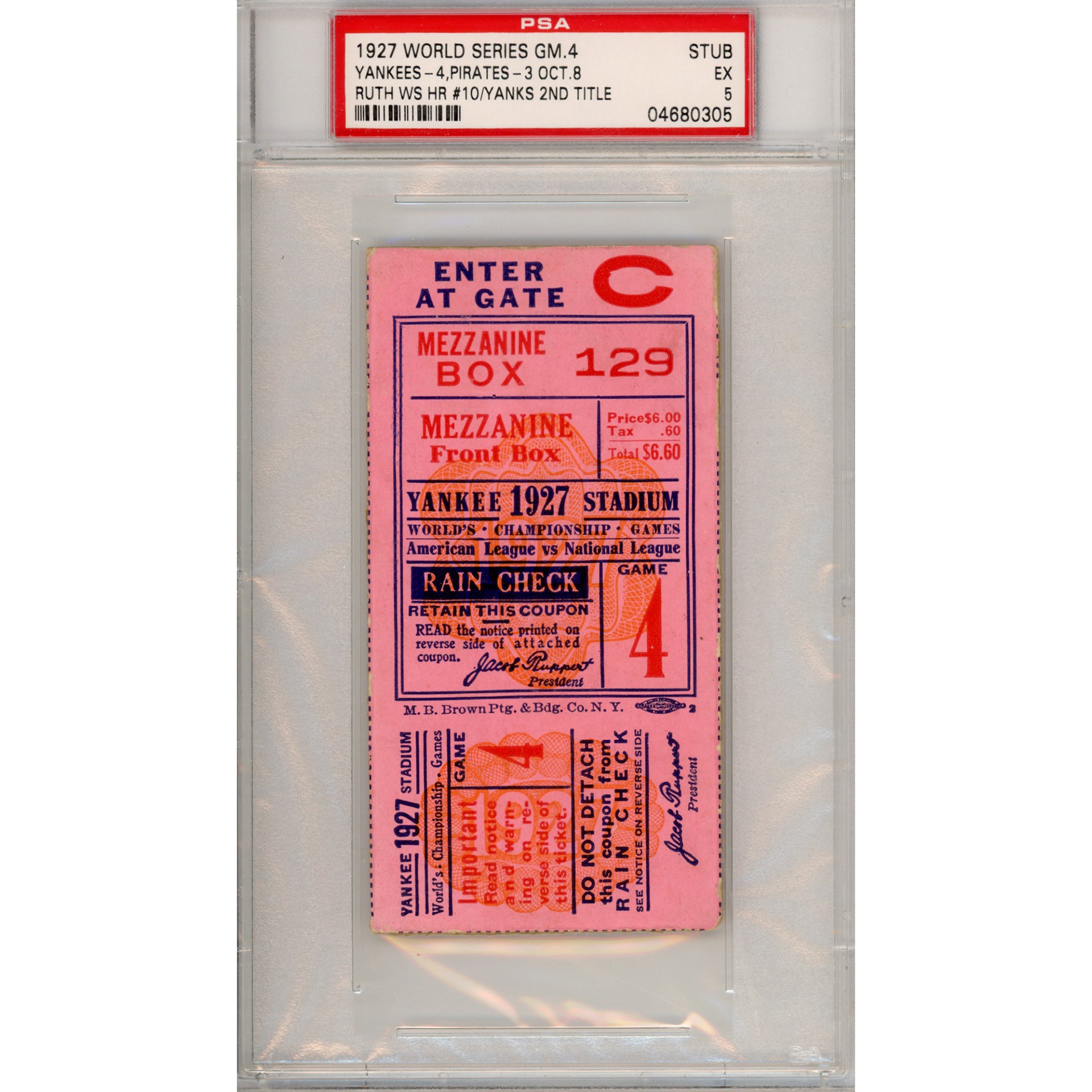 1927 World Series Game 4 Ticket Stub EX 5 (PSA/DNA - 04680305)