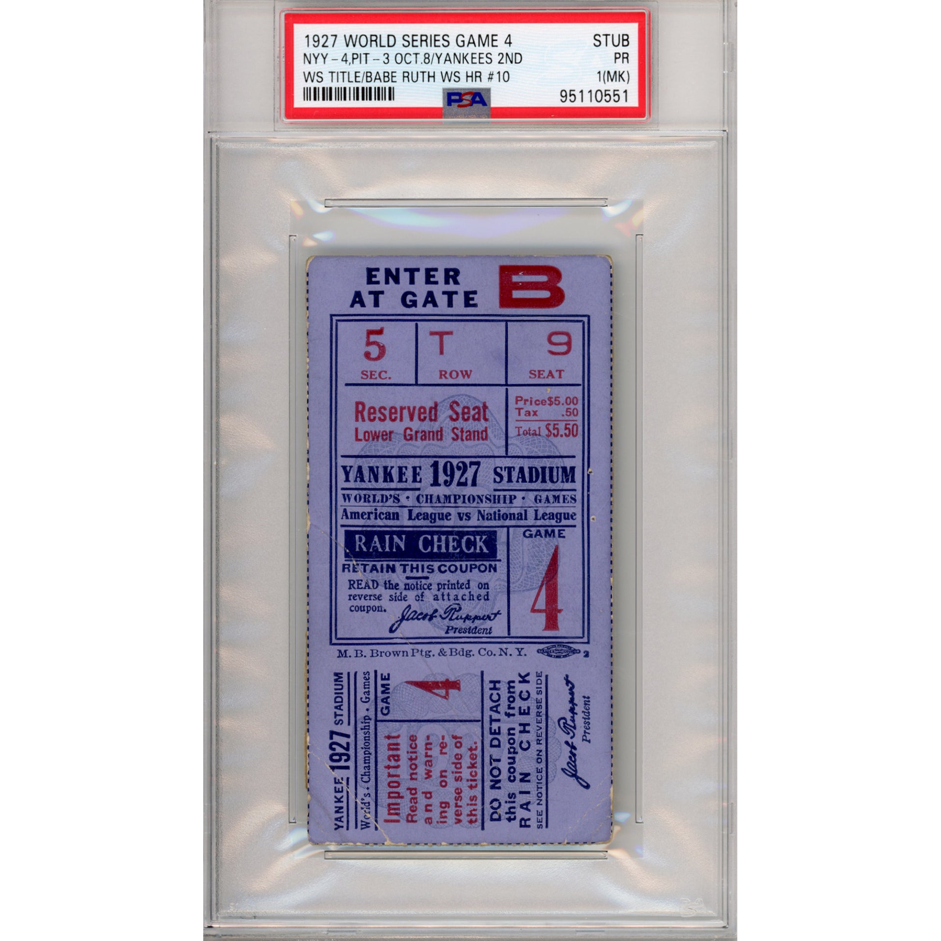 1927 World Series Game 4 Ticket Stub PR 1(MK) (PSA/DNA - 95110551)