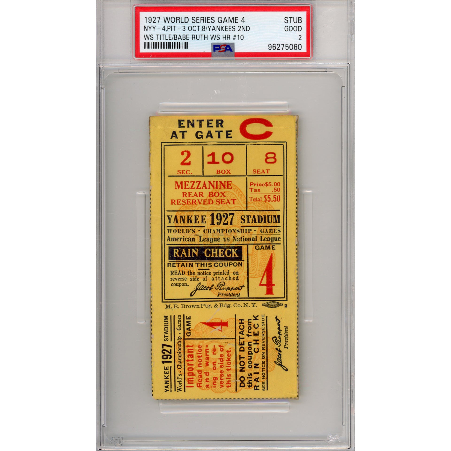 1927 World Series Game 4 Ticket Stub Good 2 (PSA/DNA)