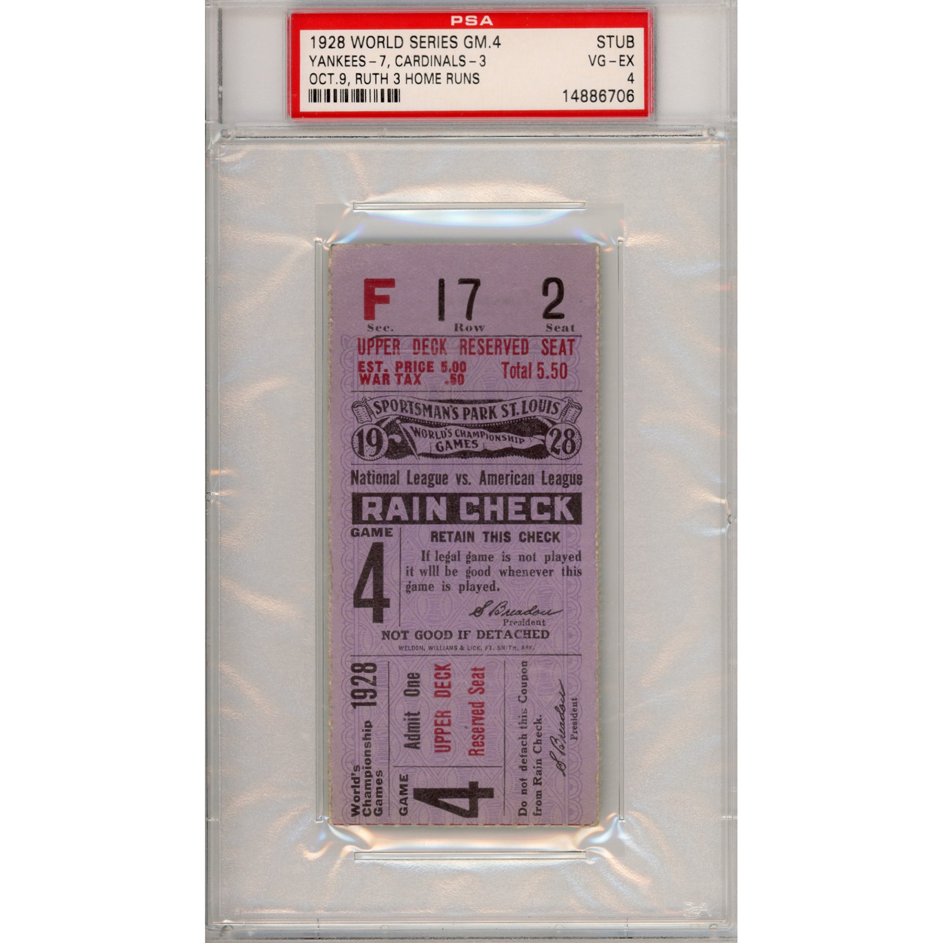 1928 World Series Game 4 Ticket Stub VG-EX 4 (PSA/DNA - 14886706)