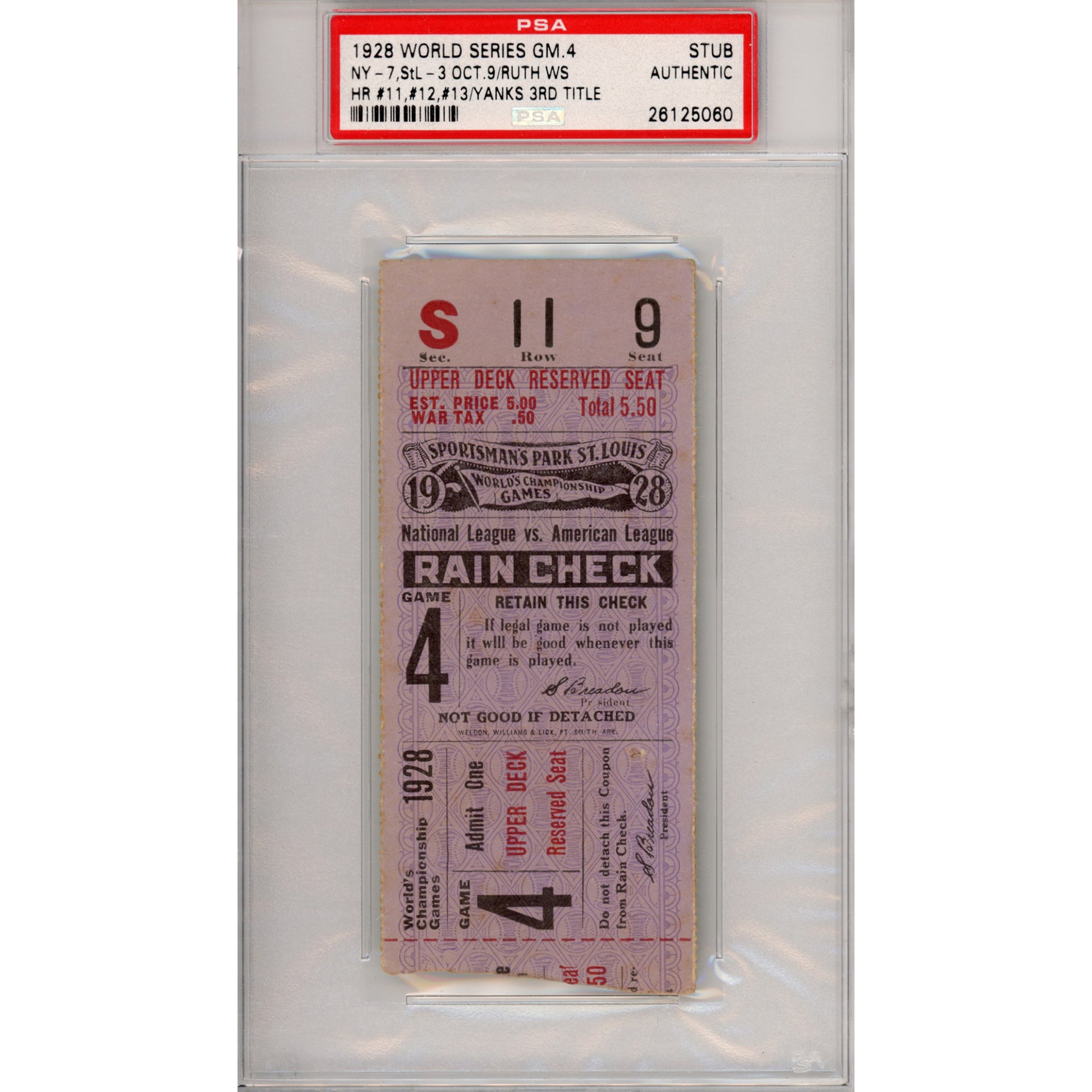 1928 World Series Game 4 Ticket Stub Authentic (PSA/DNA - 26125060)