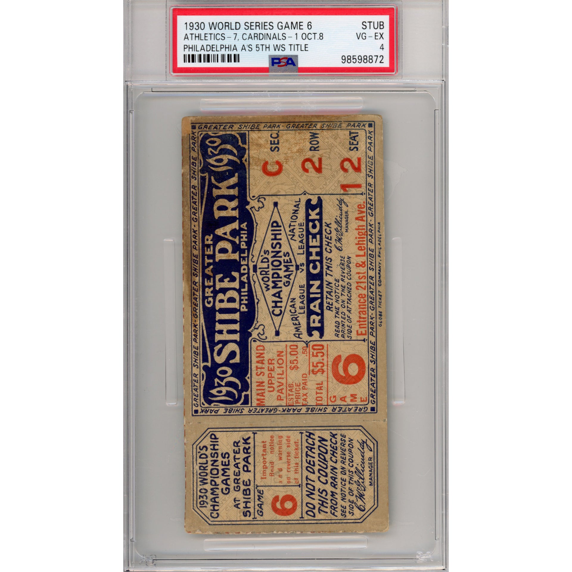 1930 World Series Game 6 Ticket Stub VG-EX 4 (PSA/DNA)
