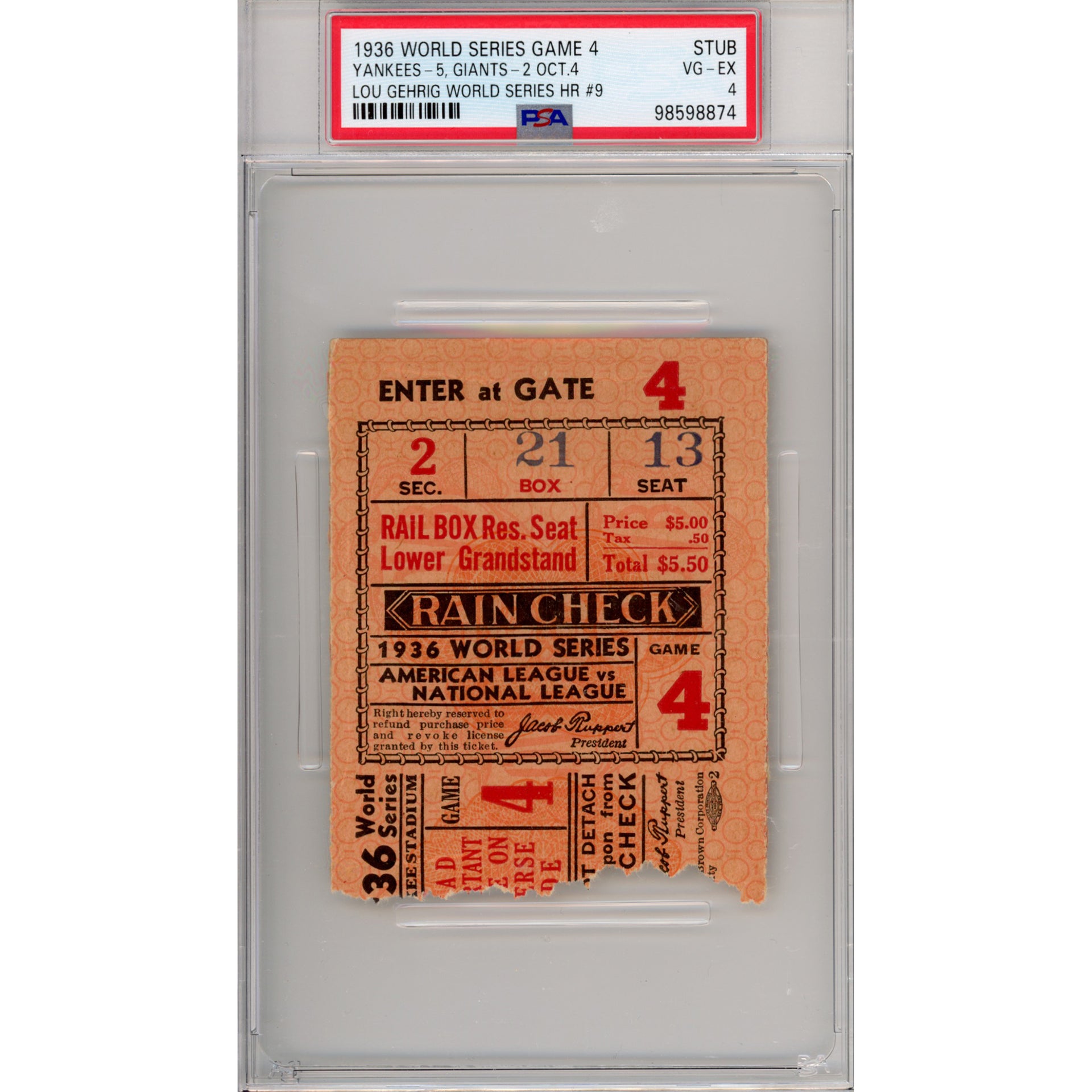 1936 World Series Game 4 Ticket Stub VG-EX 4 (PSA/DNA)