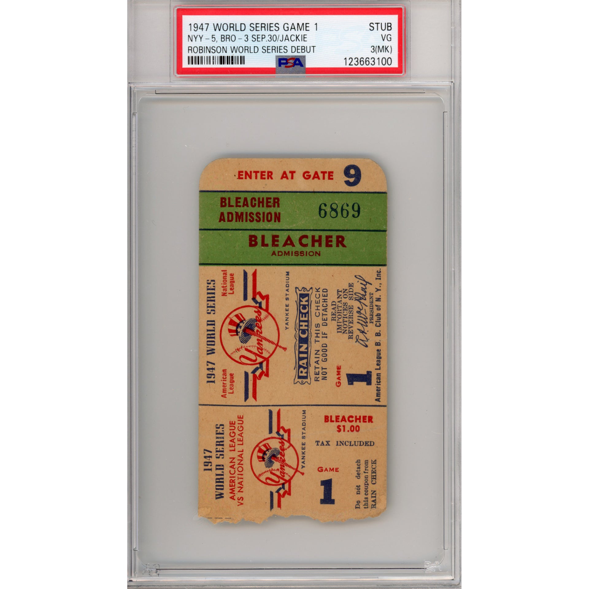 1947 World Series Game 1 Ticket Stub VG 3 (MK) (PSA/DNA)