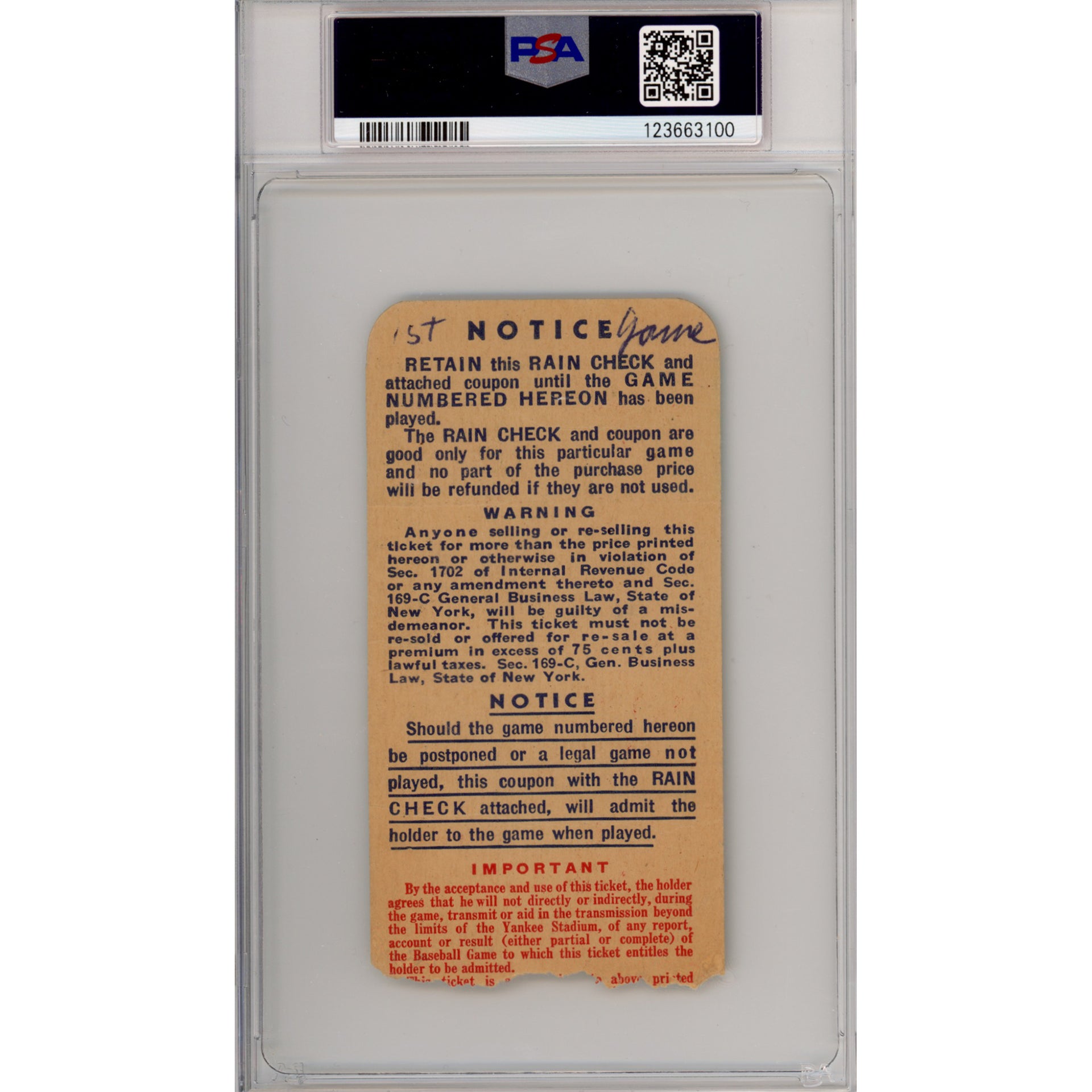 1947 World Series Game 1 Ticket Stub VG 3 (MK) (PSA/DNA)