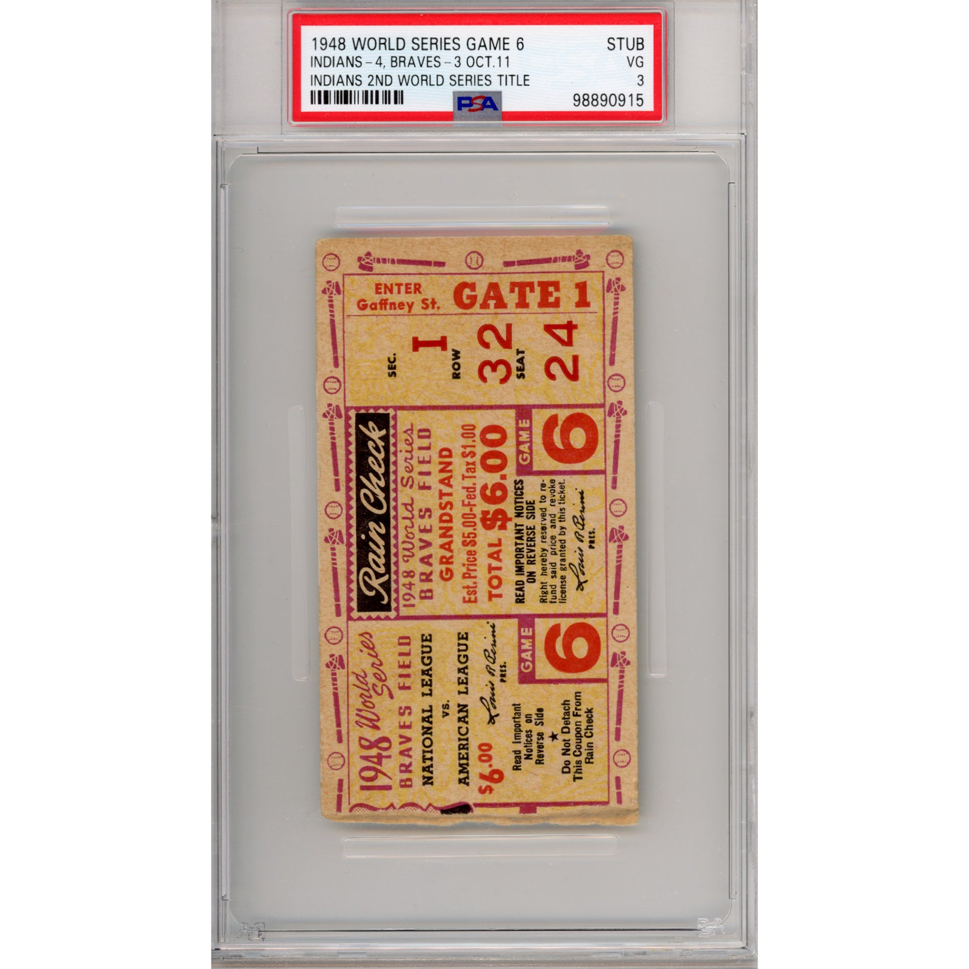 1948 World Series Game 6 Ticket Stub VG 3 (PSA/DNA)