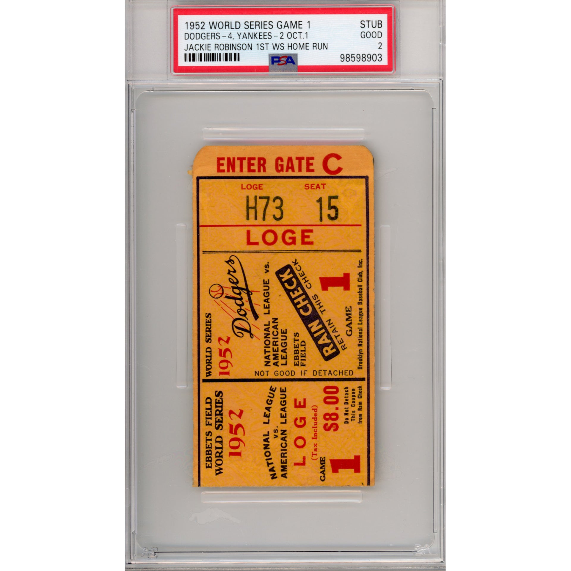 1952 World Series Game 1 Ticket Stub Good 2 (PSA/DNA)