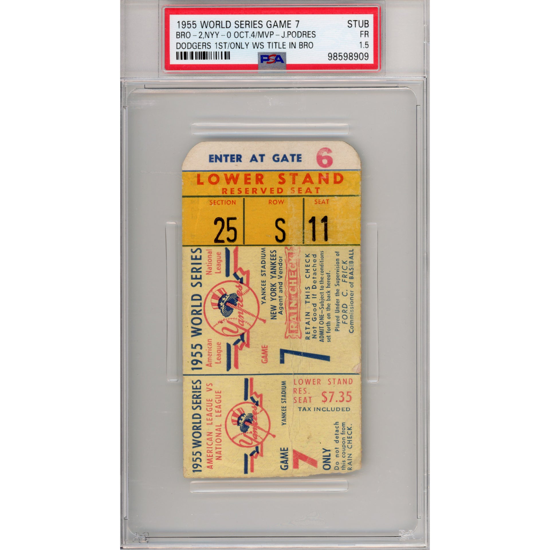1955 World Series Game 7 Ticket Stub FR 1.5 (PSA/DNA)
