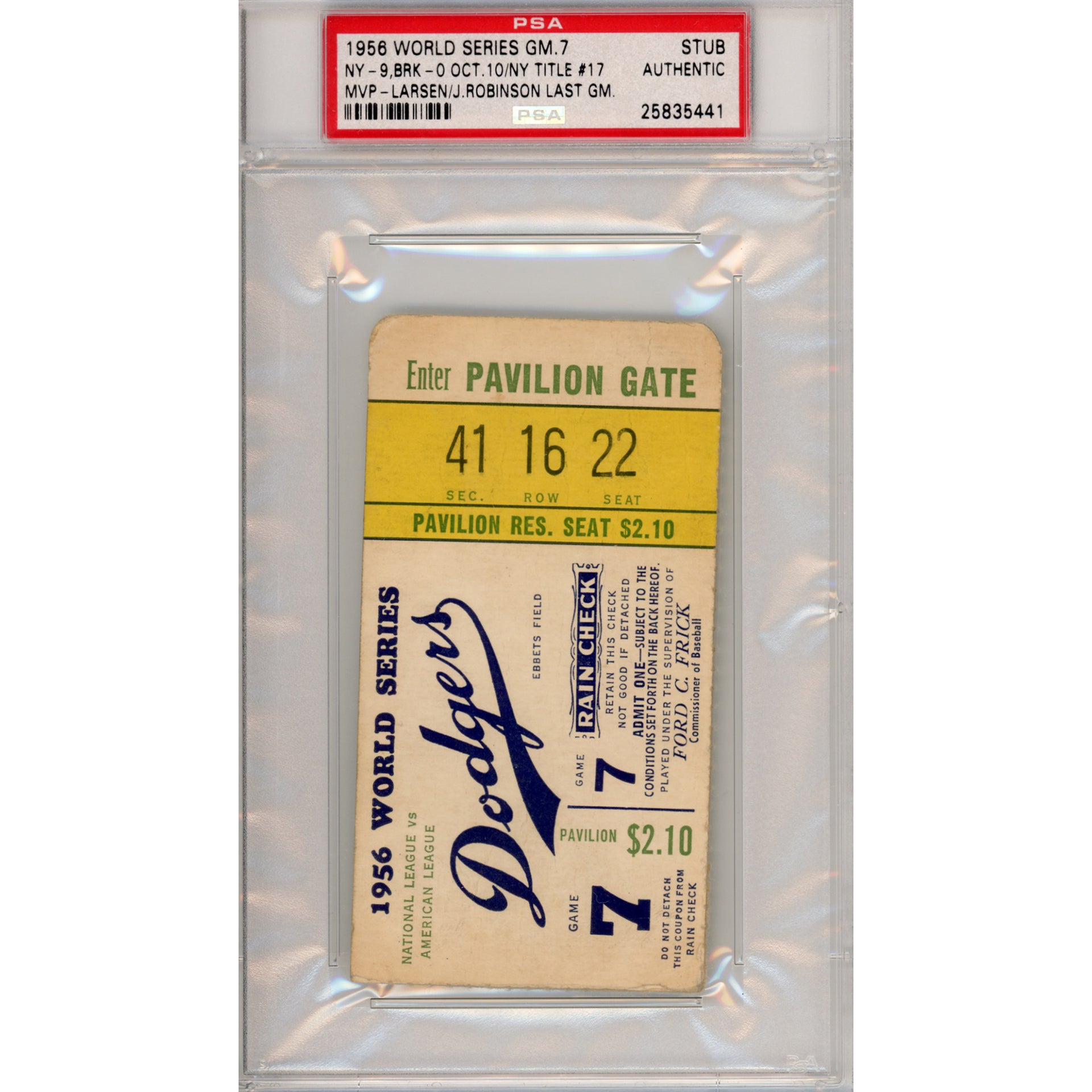 1956 World Series Game 7 Ticket Stub Authentic (PSA/DNA)