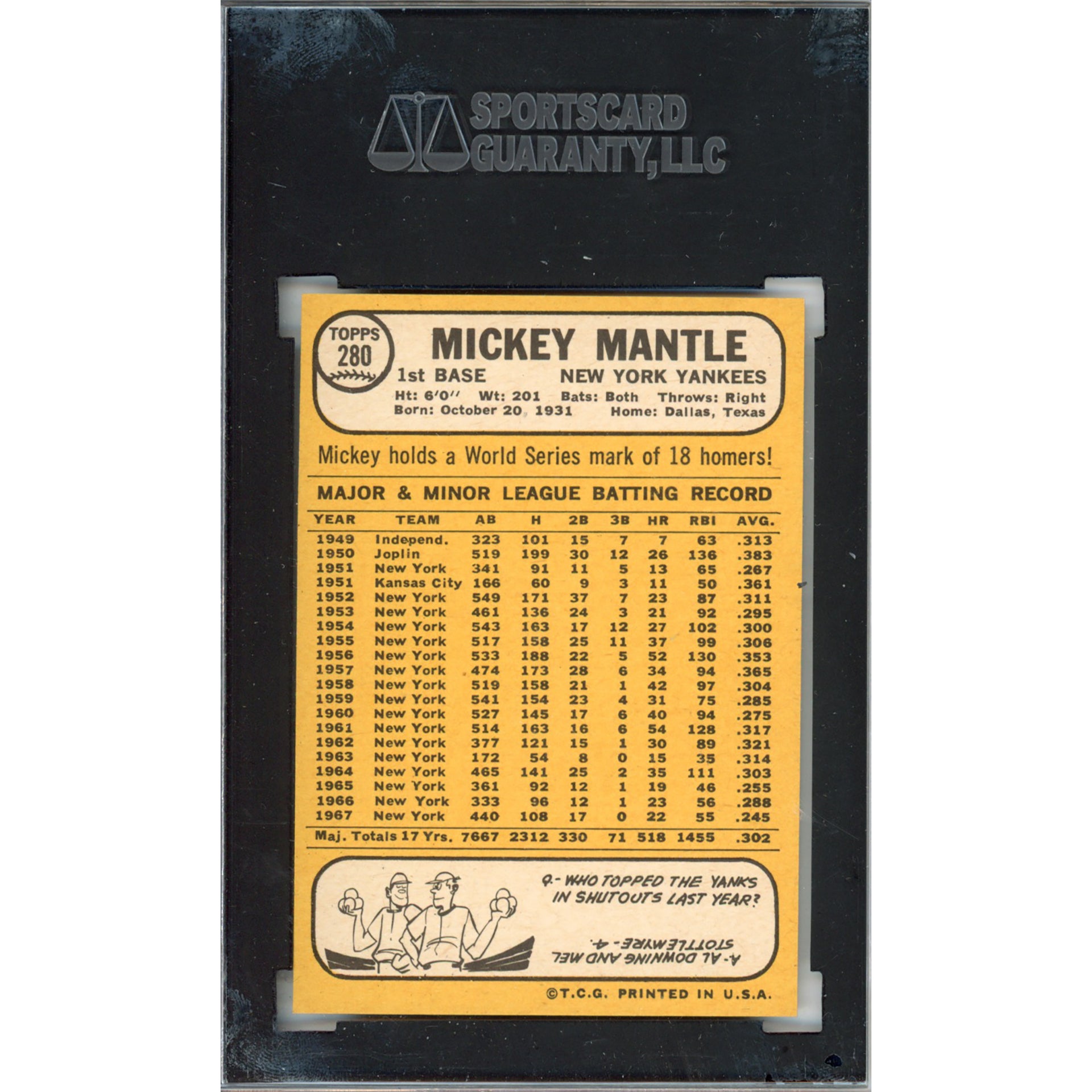 1968 Topps Mickey Mantle #280 EX-NM 6 (SGC)