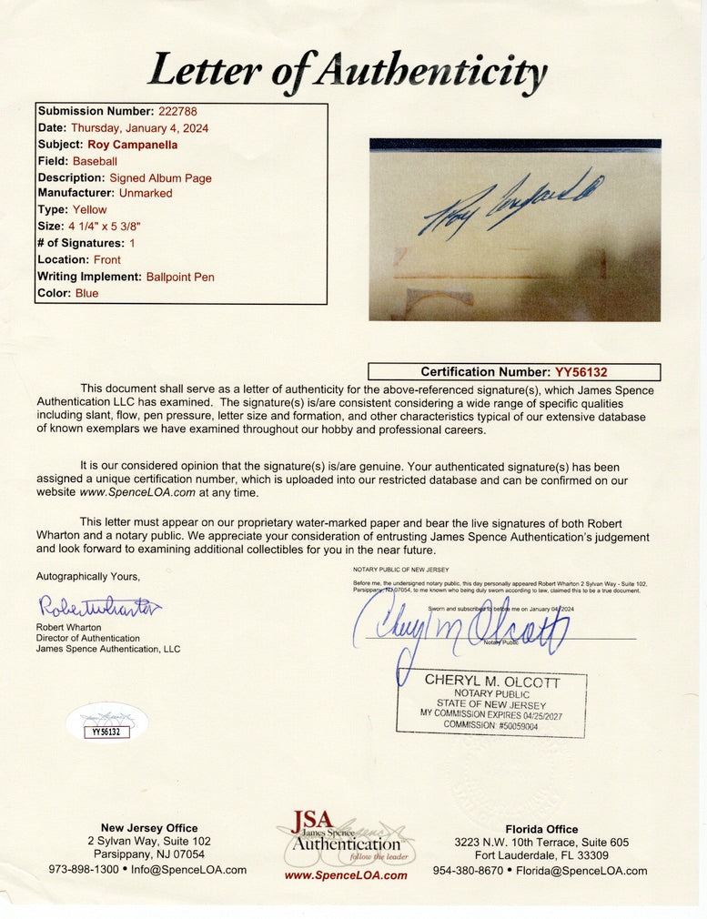 Roy Campanella Signed Album Page Cut (JSA)