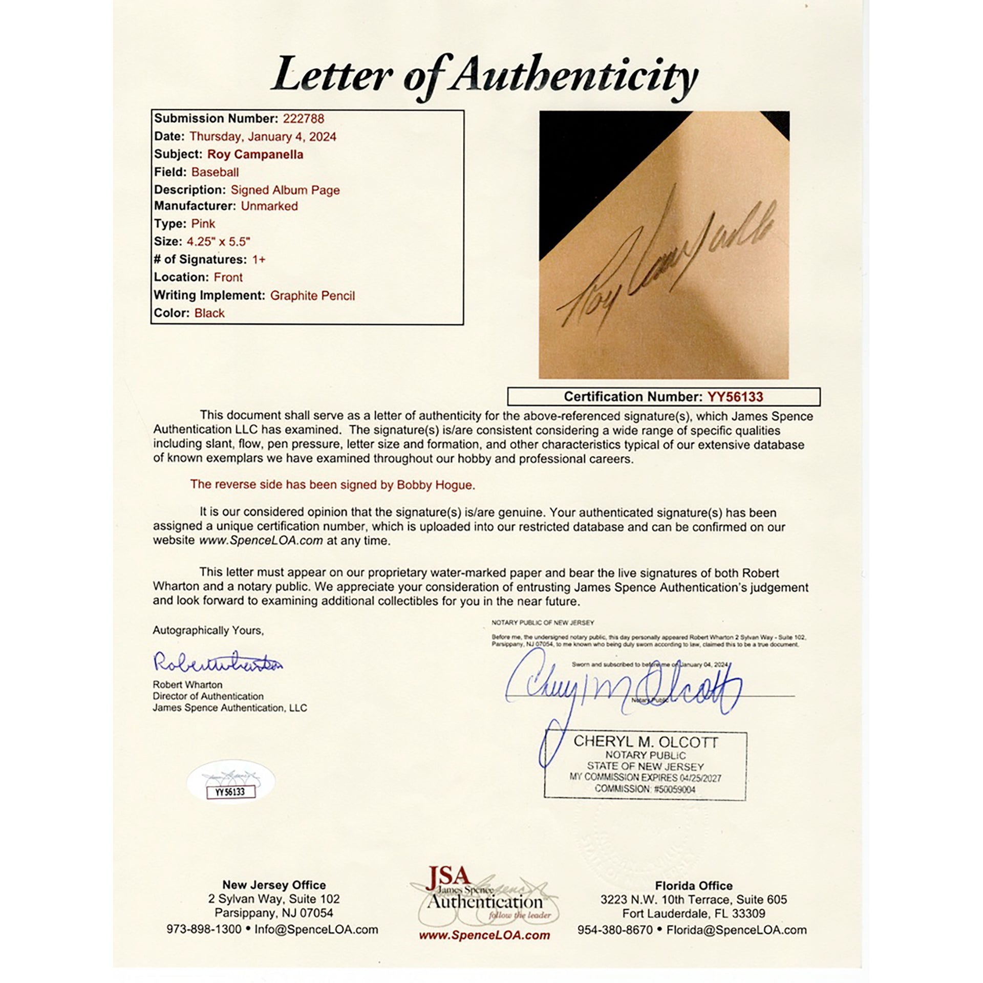 Roy Campanella Pencil Cut (JSA)