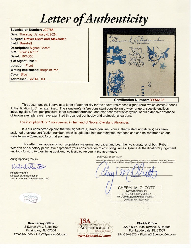 Grover Cleveland Alexander Signed Cachet (JSA)
