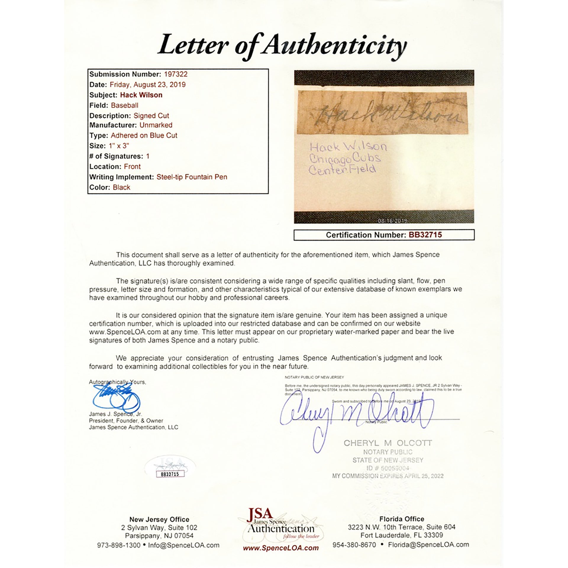 Hack Wilson Signed Custom Cut Card (PSA/DNA)