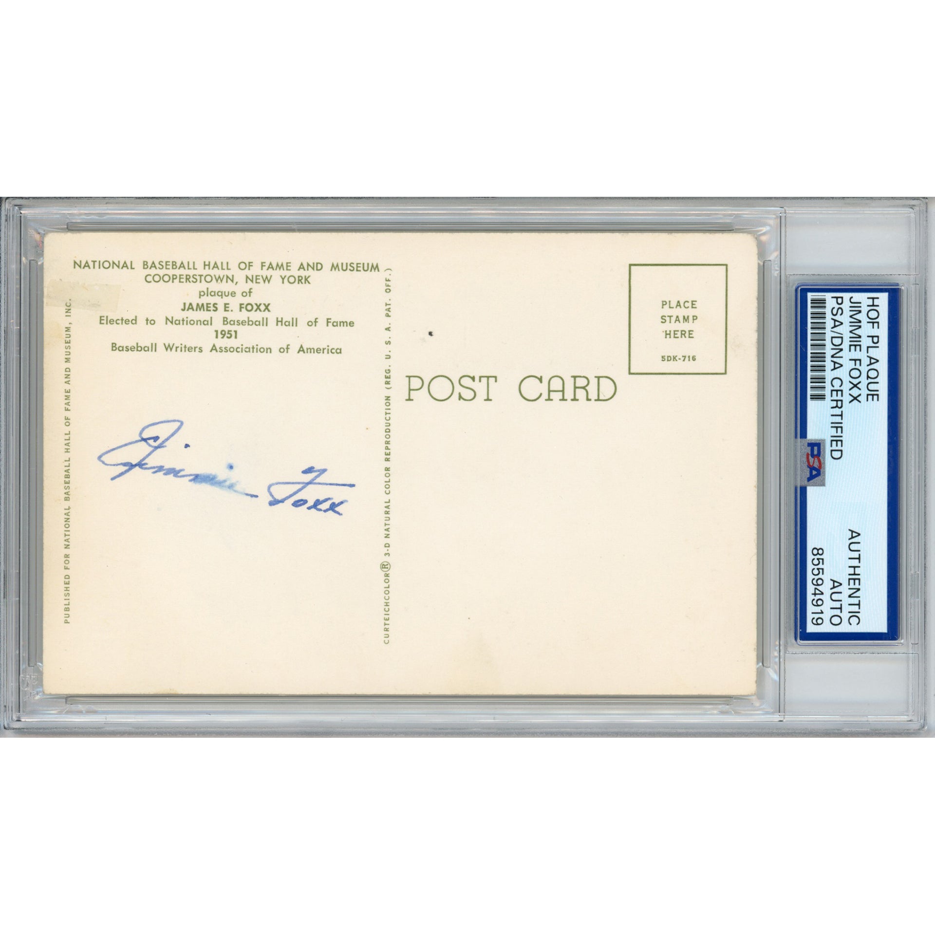 Jimmie Foxx Signed HOF Plaque Postcard (PSA/DNA)