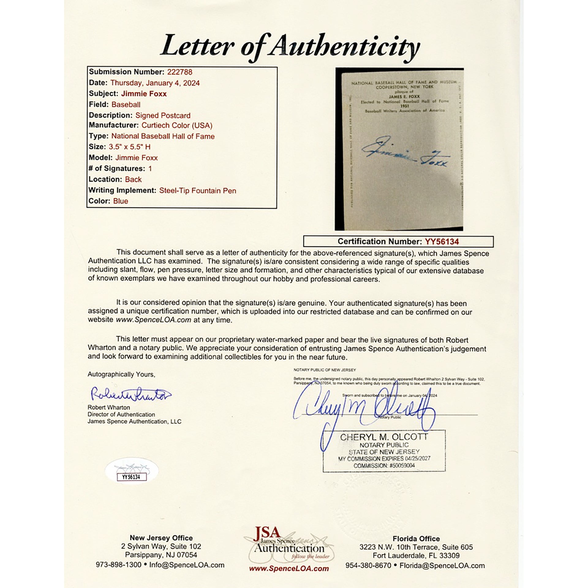 Jimmie Foxx Signed HOF Plaque Postcard (PSA/DNA)