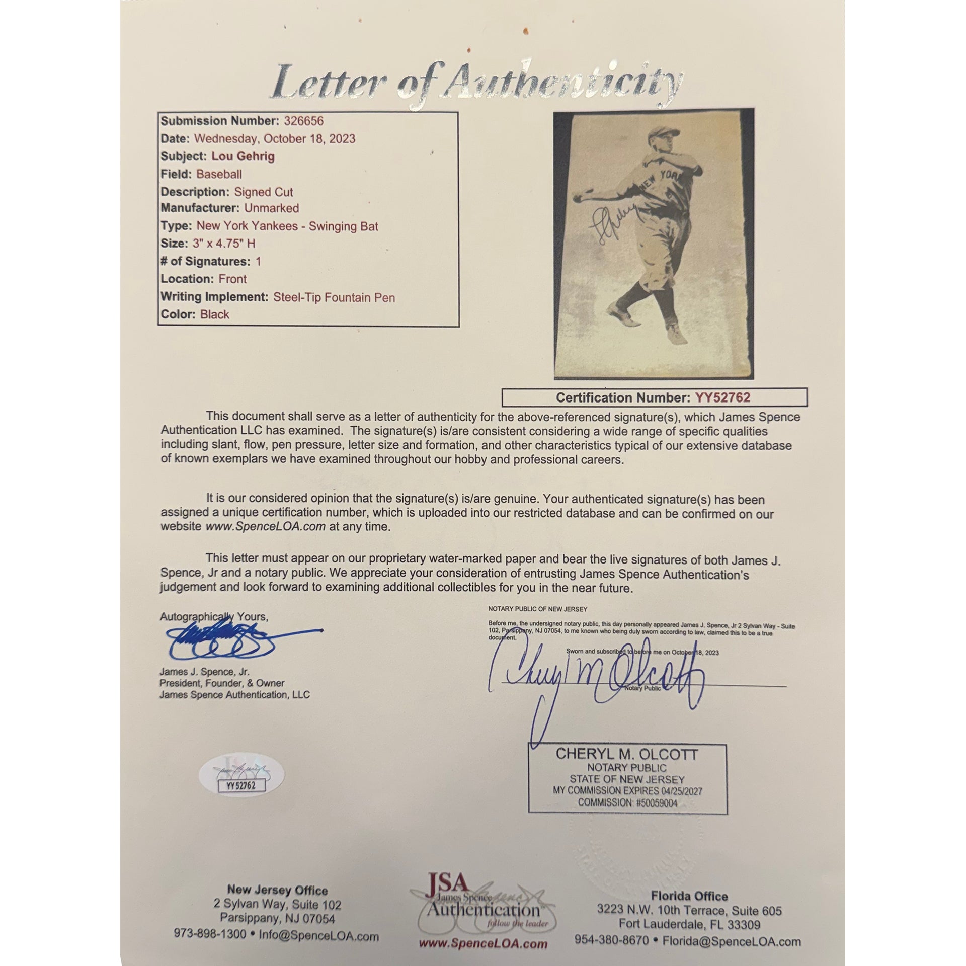 Lou Gehrg Signed Photo Page Cut (JSA)