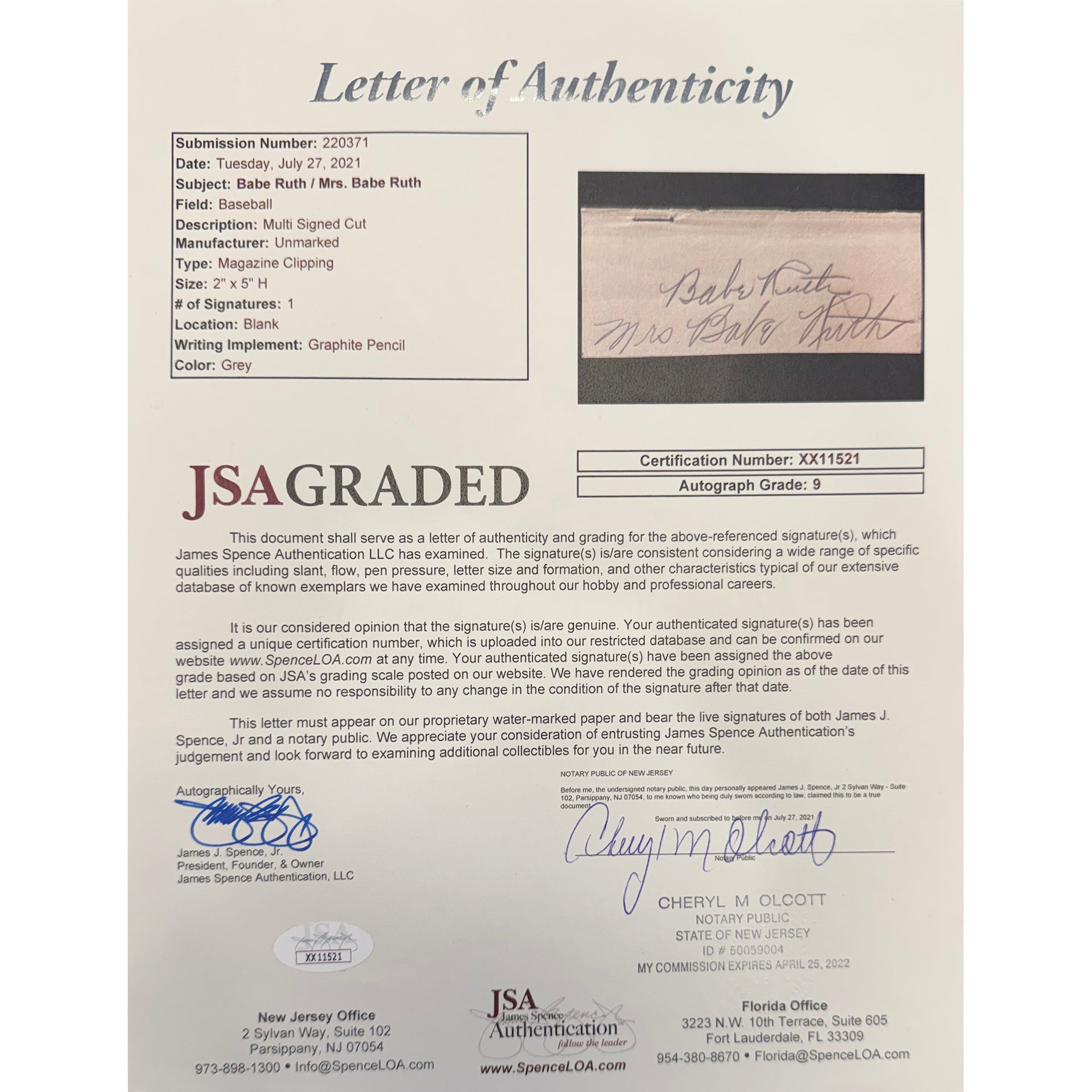 Babe Ruth & Claire Ruth Signed Cut (JSA) - Auto Grade 9