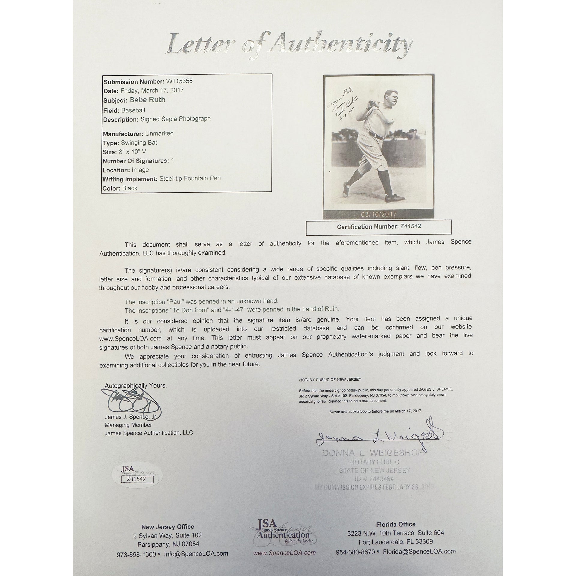 Babe Ruth Signed & Personalized 8"x10" Photograph (JSA)