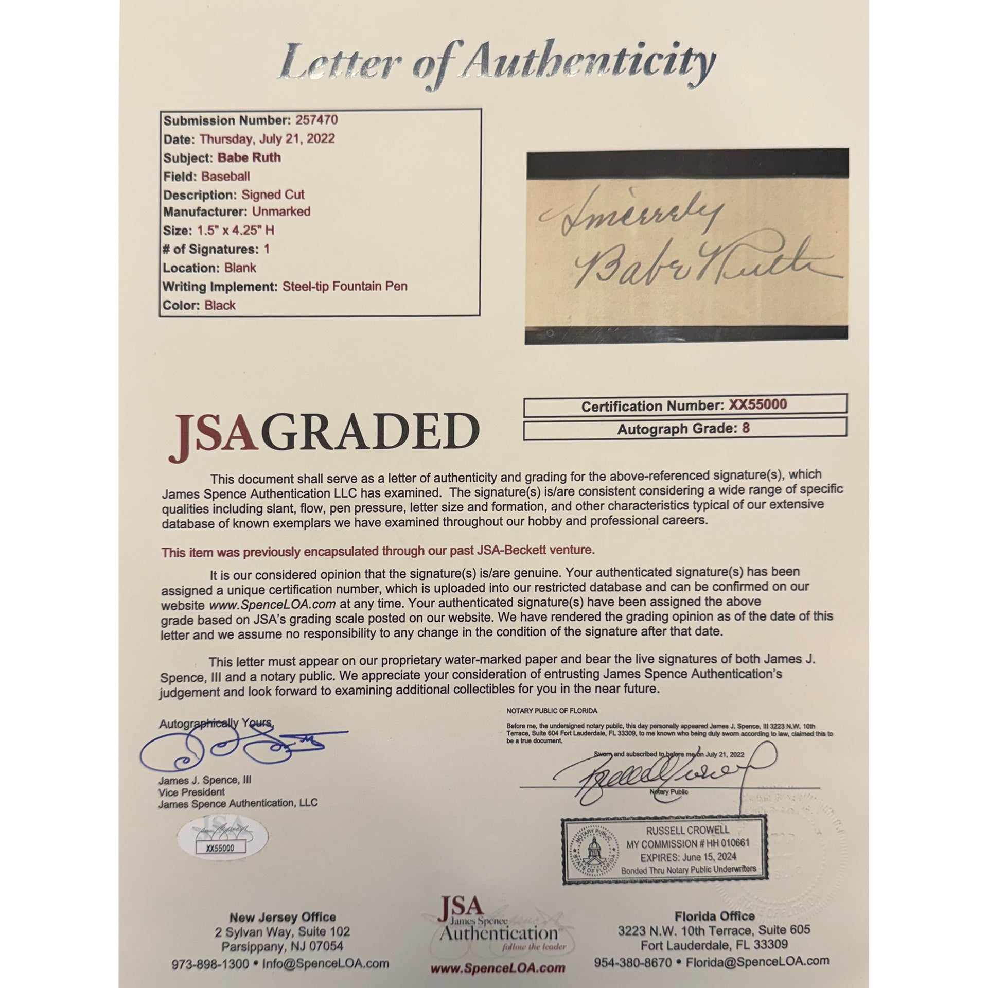 Babe Ruth Signed "Sincerely" Cut (JSA) Auto Grade 8