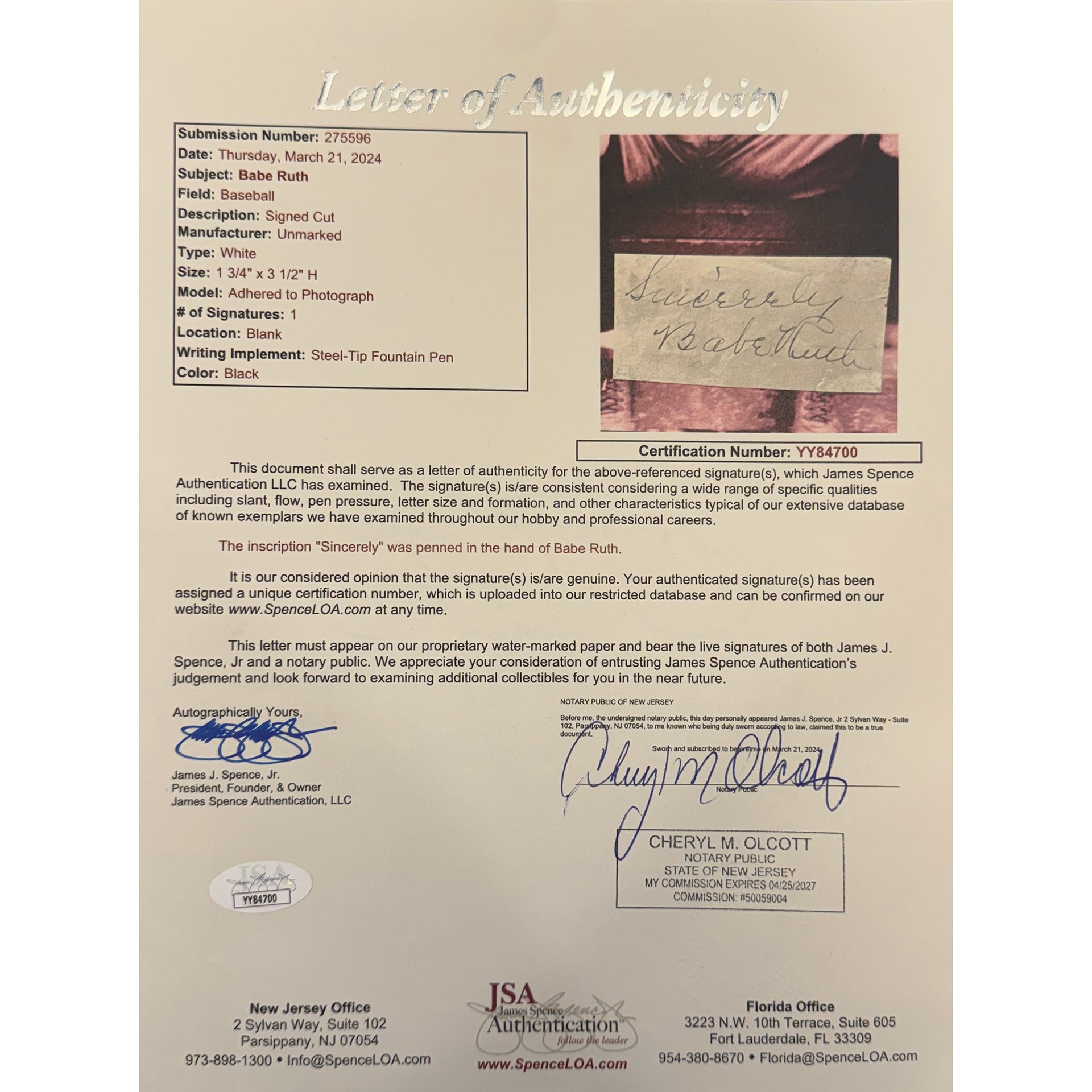 Babe Ruth Signed "Sincerely" Cut (JSA YY84700)