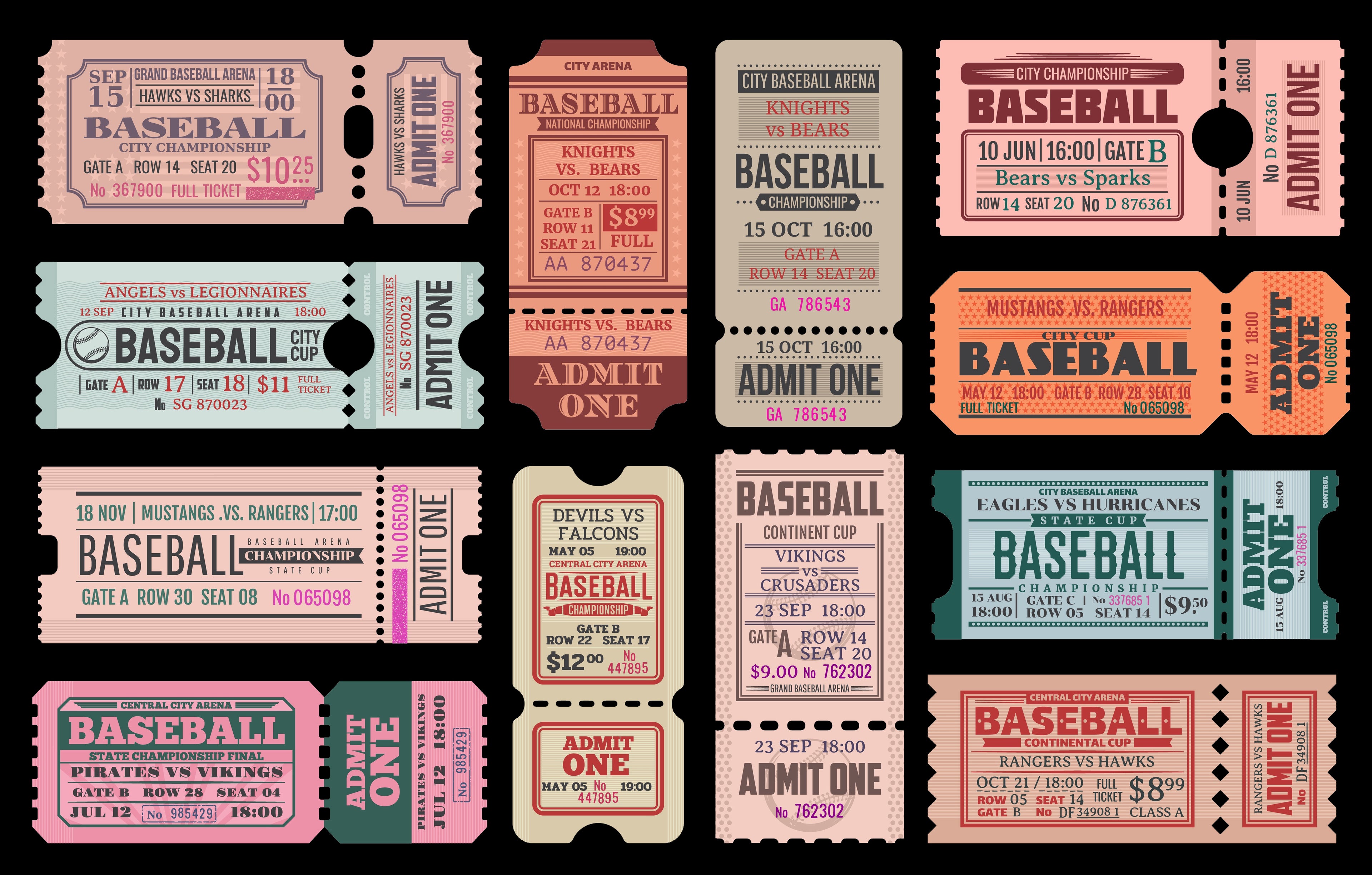 Collection of vintage-style baseball tickets on a black background