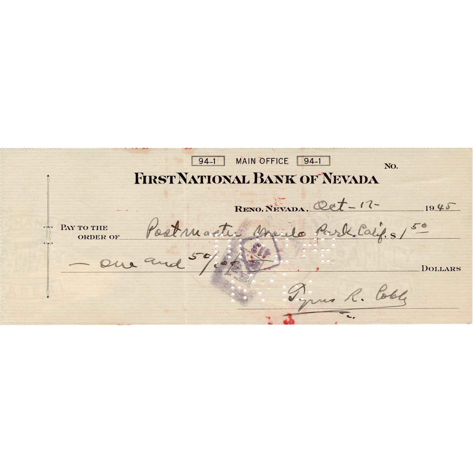 Ty Cobb Signed "Tyrus R. Cobb" Bank Check (Beckett)