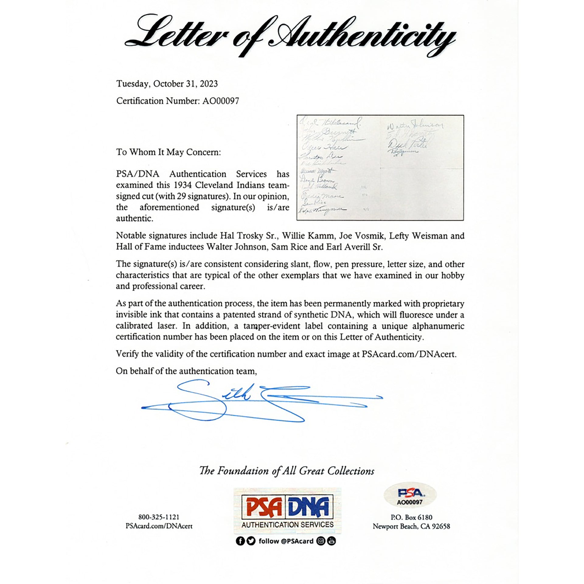 Walter Johnson Signed Cut (JSA)